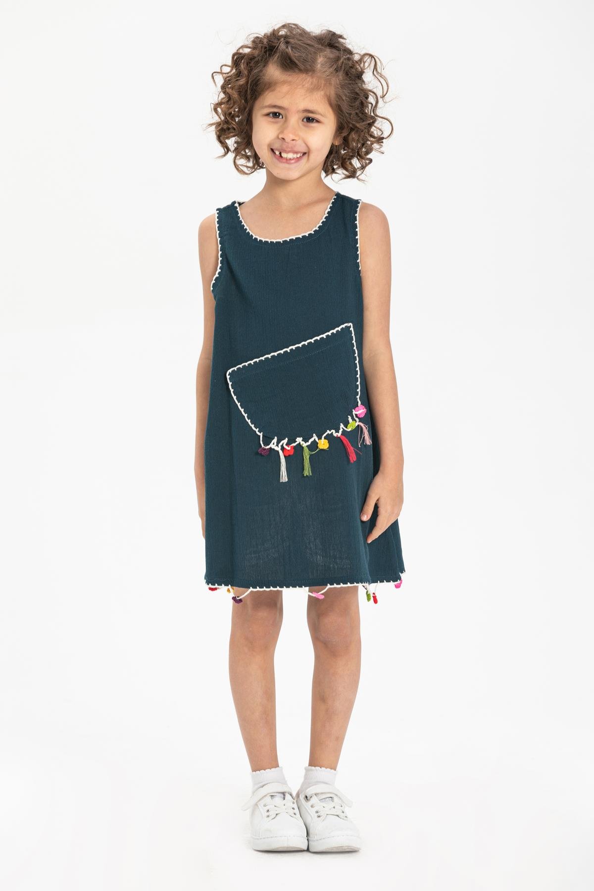 Toptan Mine Şile Bezi Çocuk Elbise Petrol
