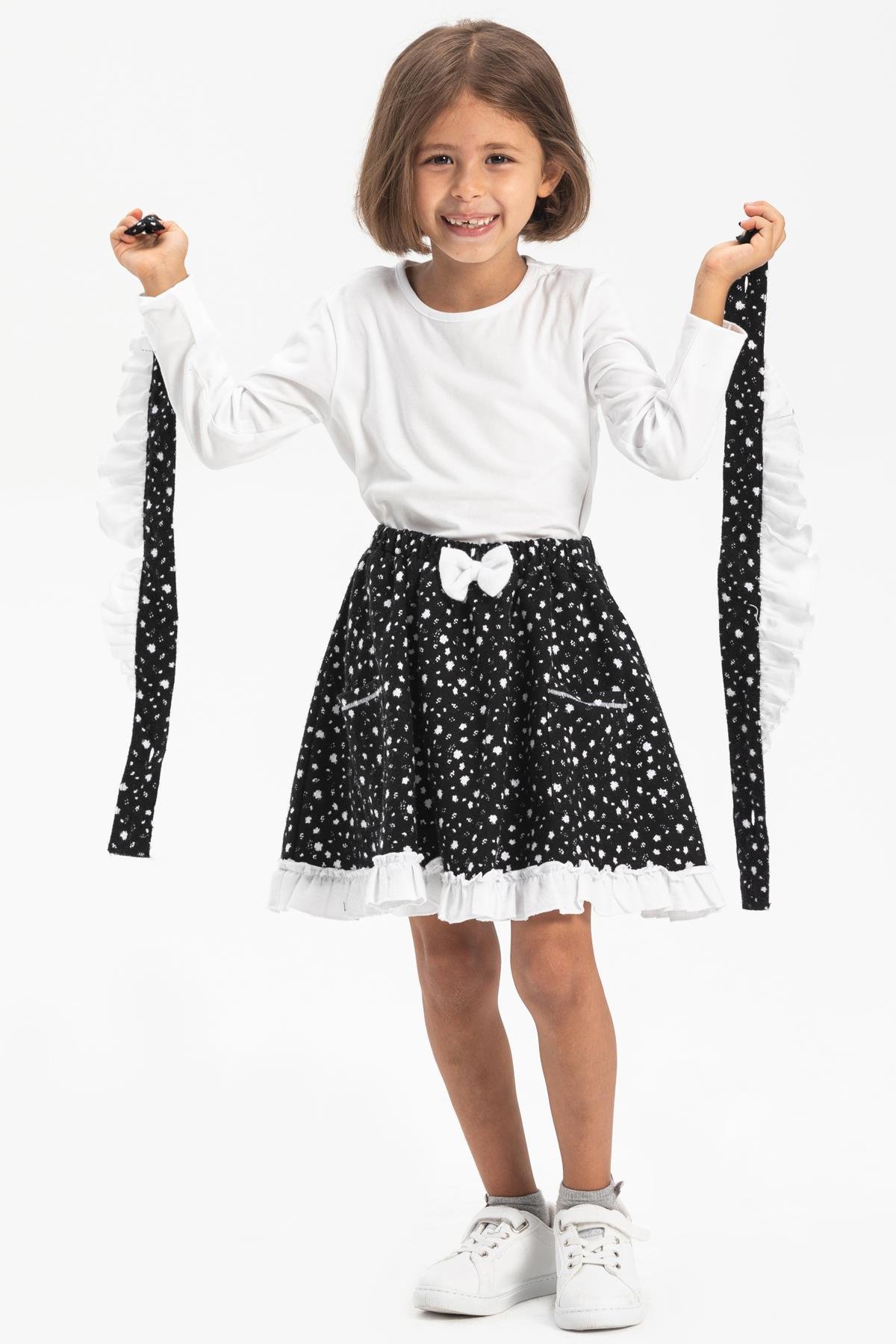 Toptan Miray Pazen Çocuk Salopet Etek Çıtır Desen Beyaz