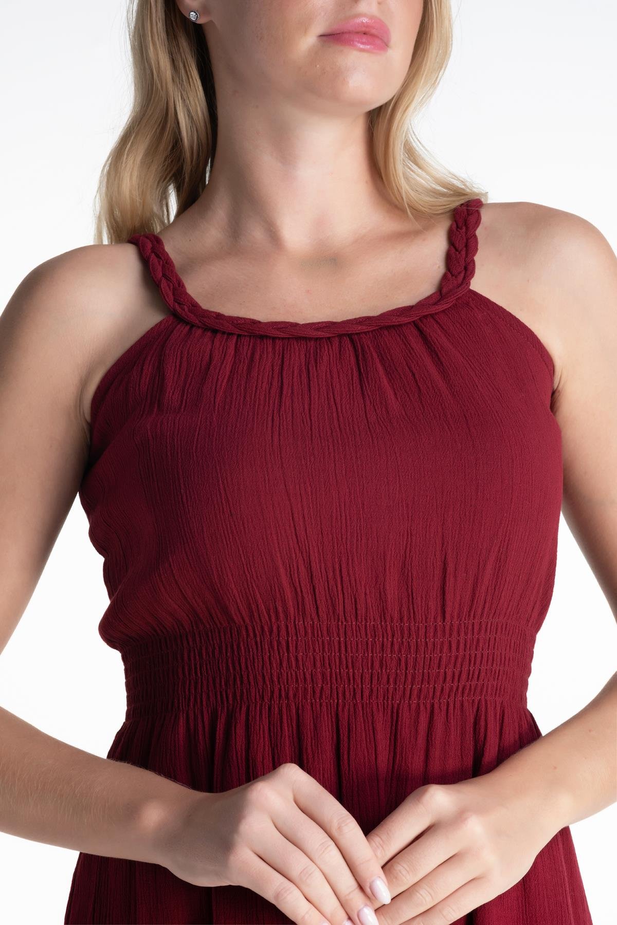 Toptan Örgülü Şile Bezi Elbise Bordo