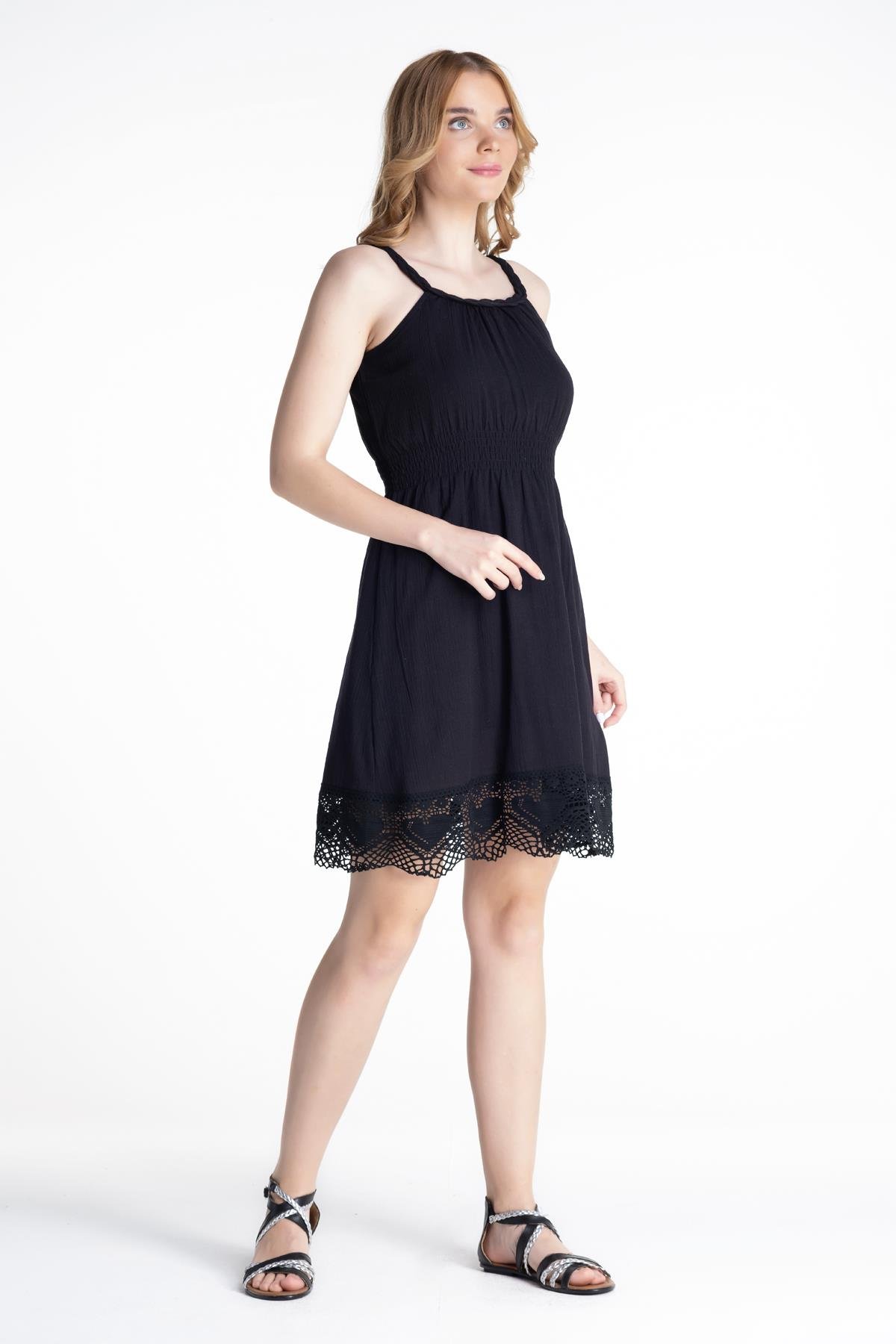 Toptan Örgülü Şile Bezi Elbise Siyah