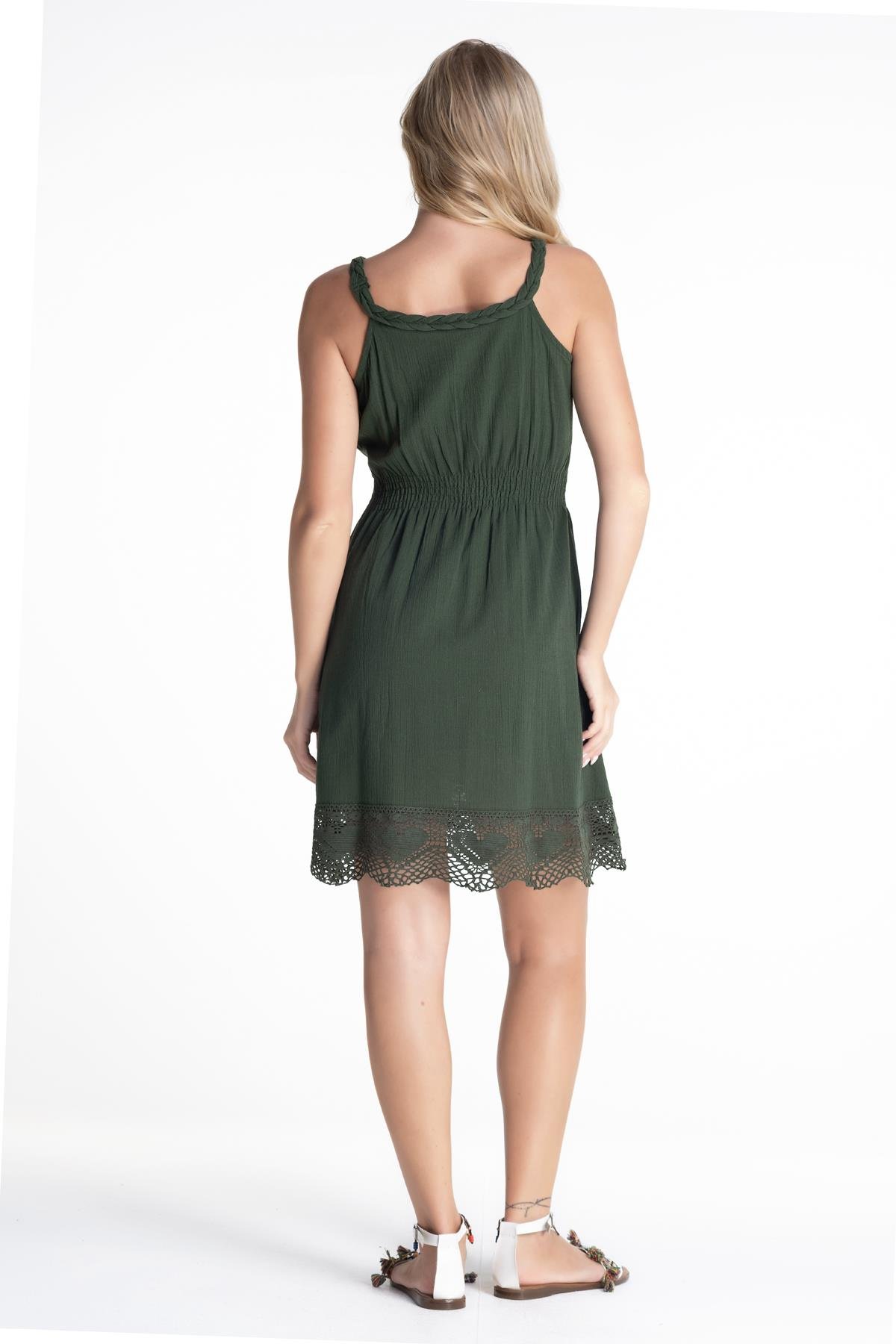 Toptan Örgülü Şile Bezi Elbise Yeşil