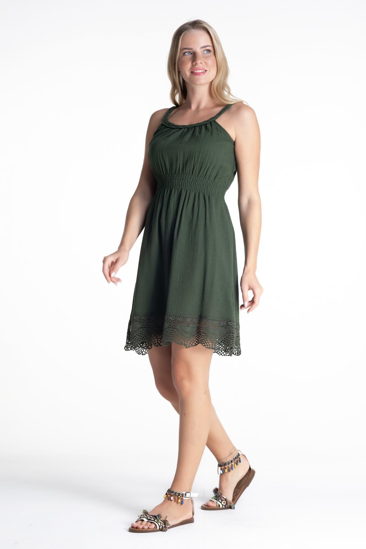 Toptan Örgülü Şile Bezi Elbise Yeşil