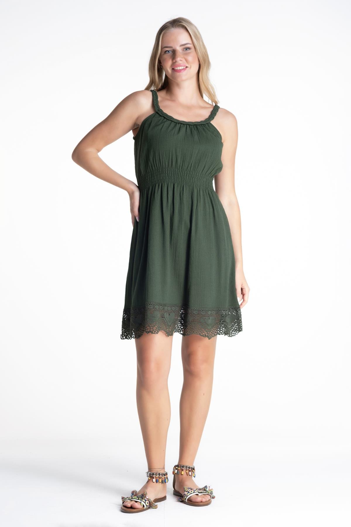 Toptan Örgülü Şile Bezi Elbise Yeşil