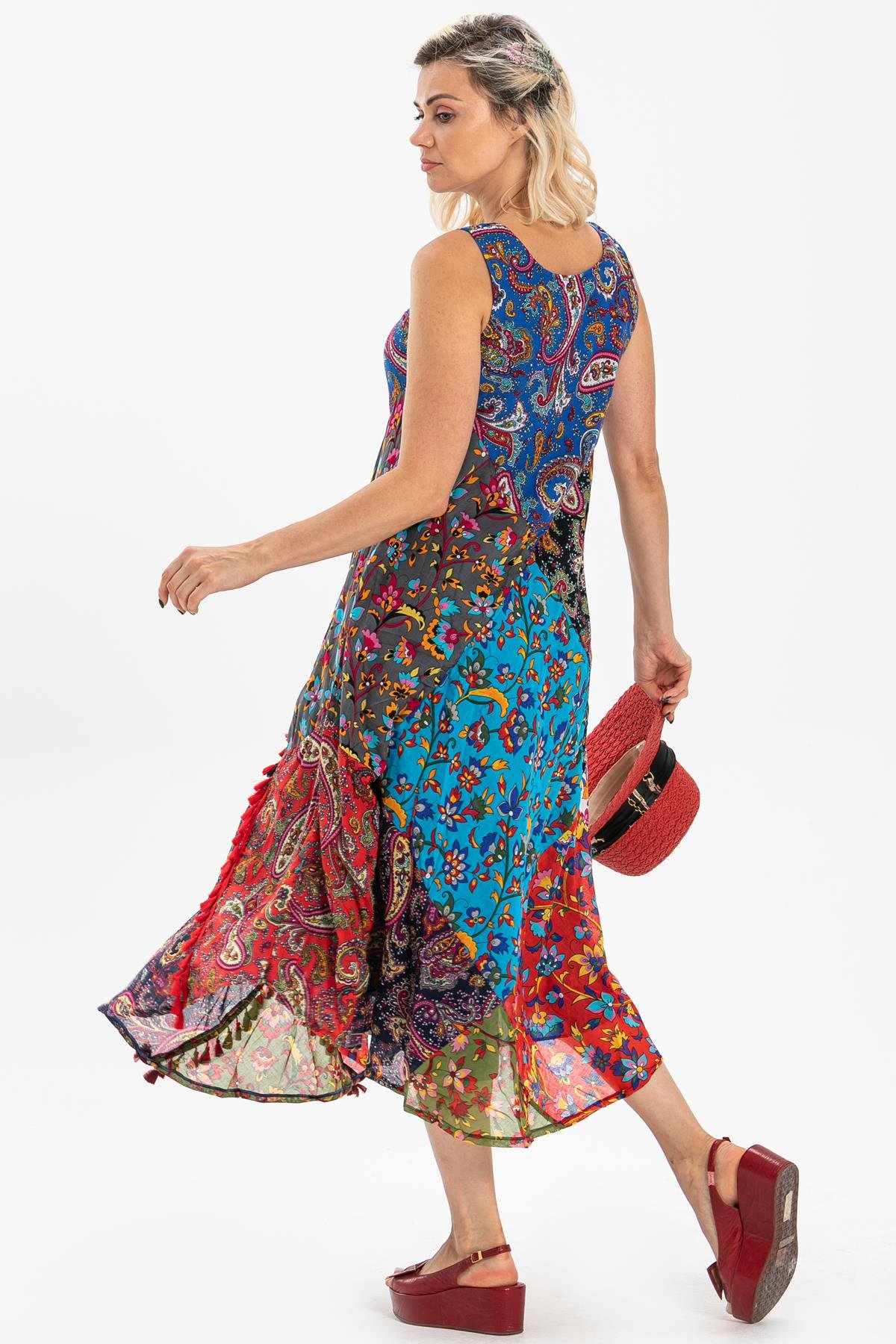 Toptan Peçvörk Vual Elbise | Patchwork Dress Turkuaz