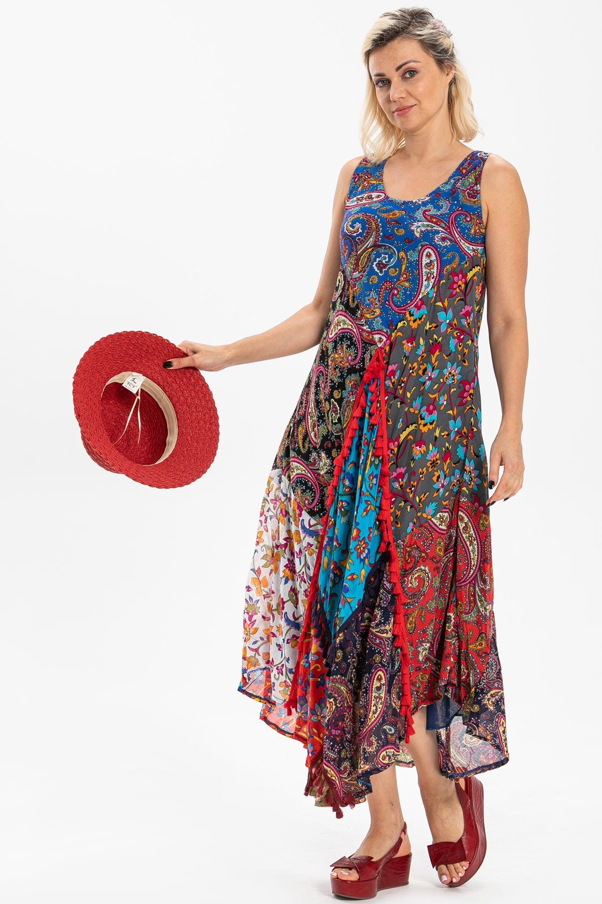 Toptan Peçvörk Vual Elbise | Patchwork Dress Turkuaz