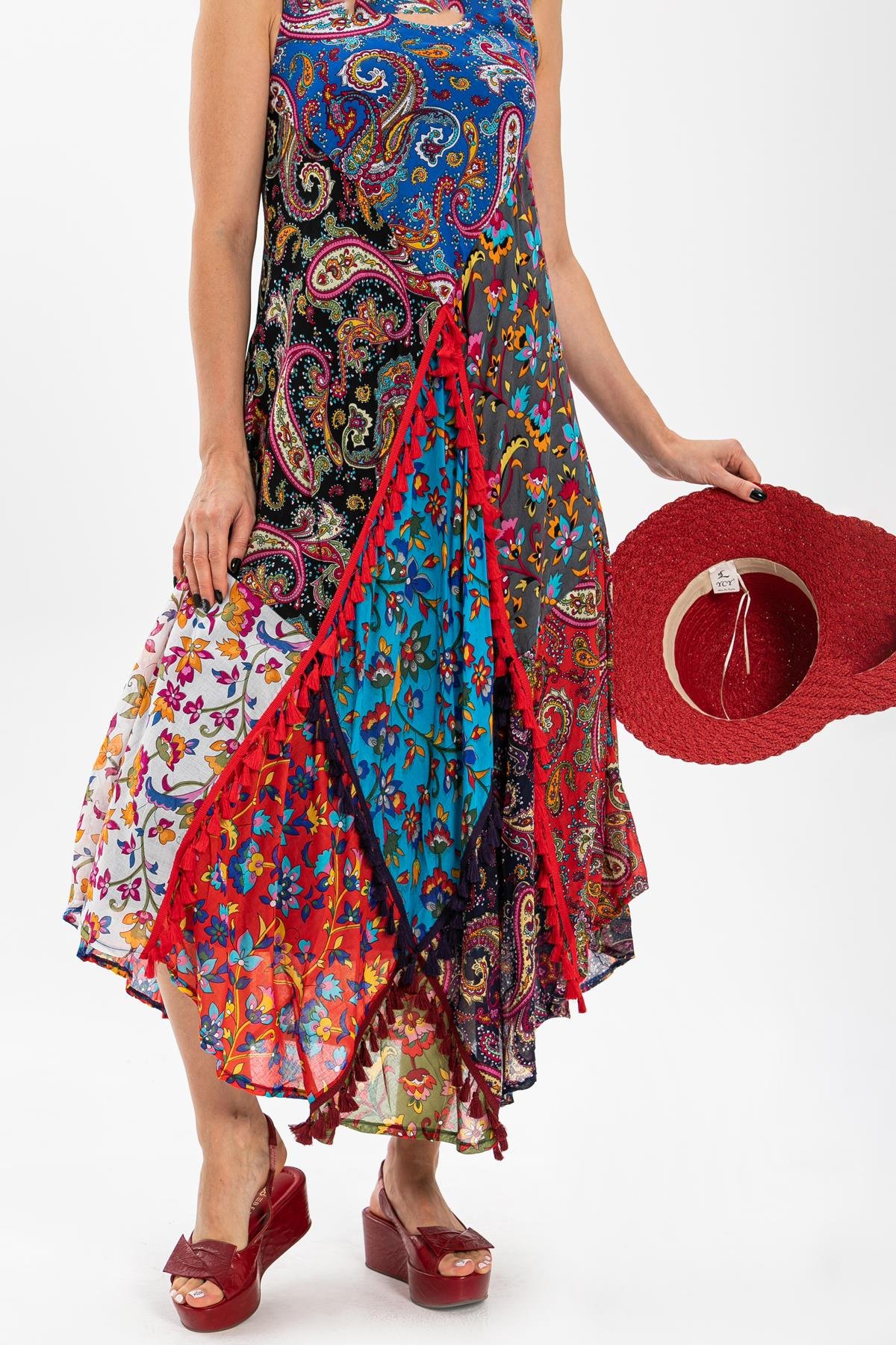 Toptan Peçvörk Vual Elbise | Patchwork Dress Turkuaz