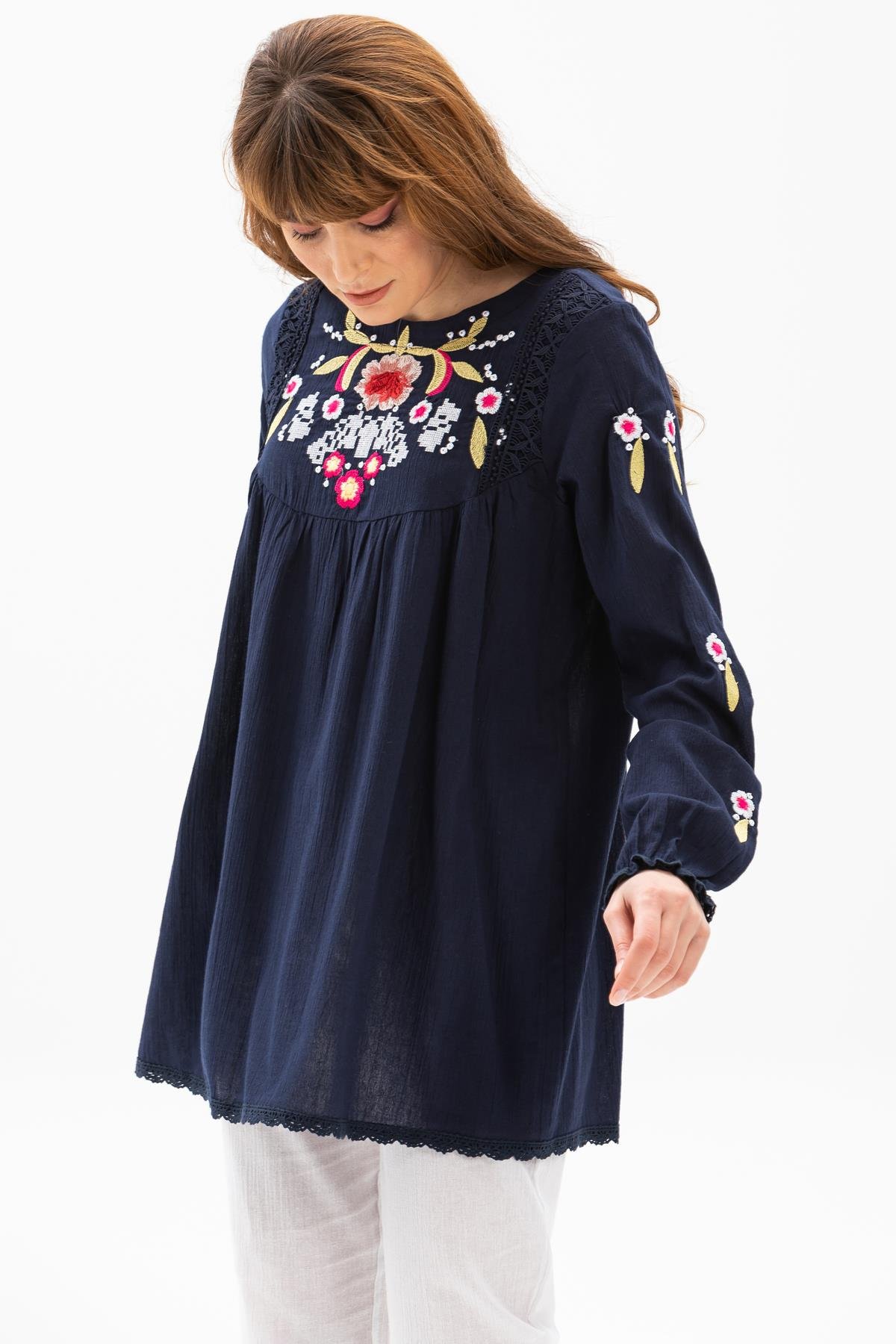 Toptan Reyhan Şile Bezi Bluz Lacivert