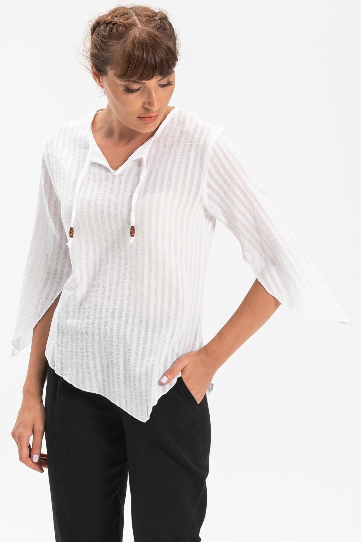 Toptan Rodos Gofre Bluz Beyaz