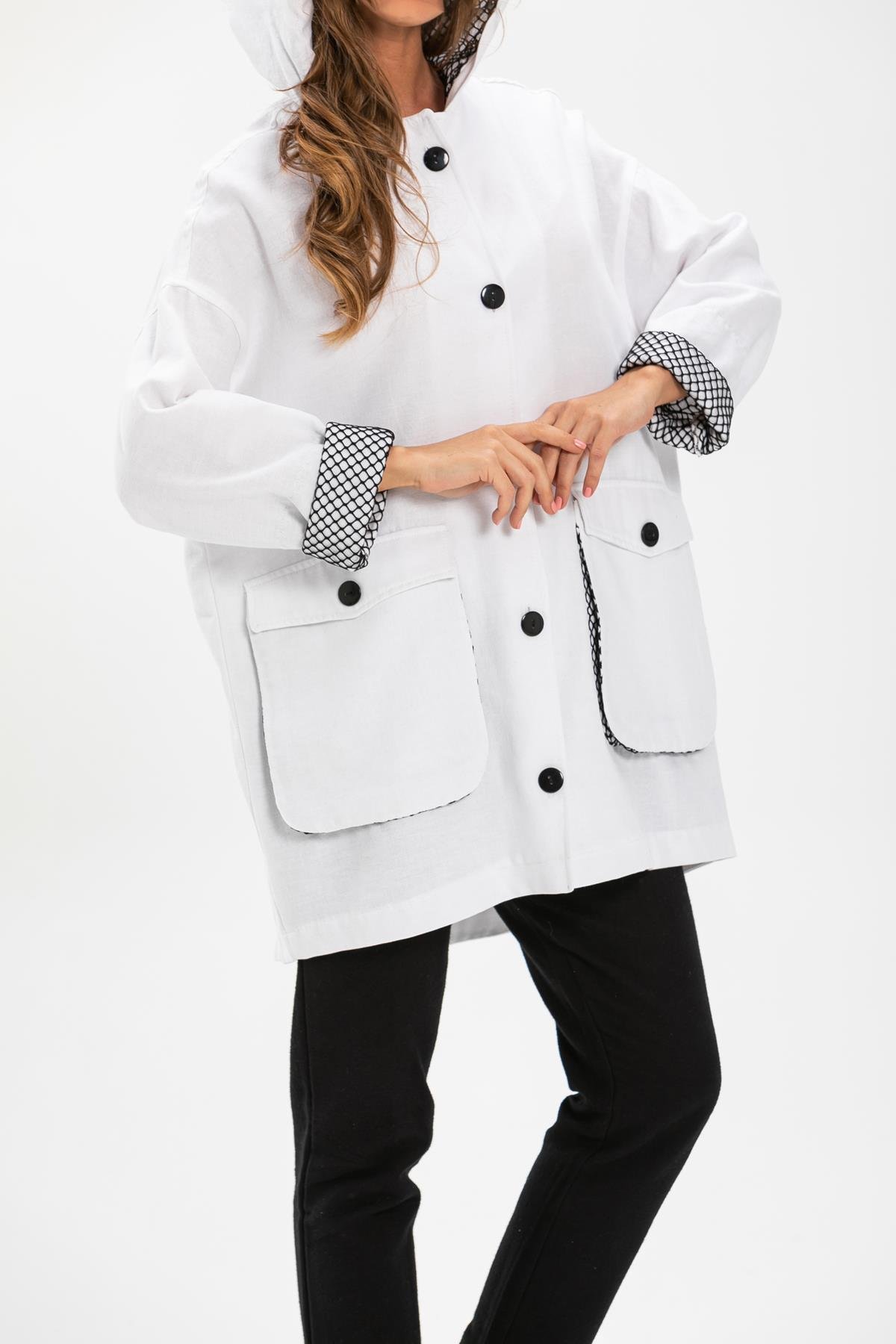 Toptan Safari Baskılı Pazen Ceket Beyaz