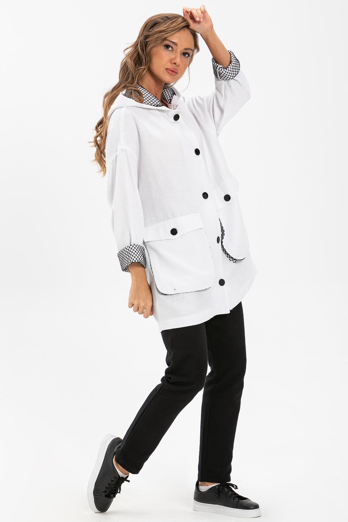 Toptan Safari Baskılı Pazen Ceket Beyaz