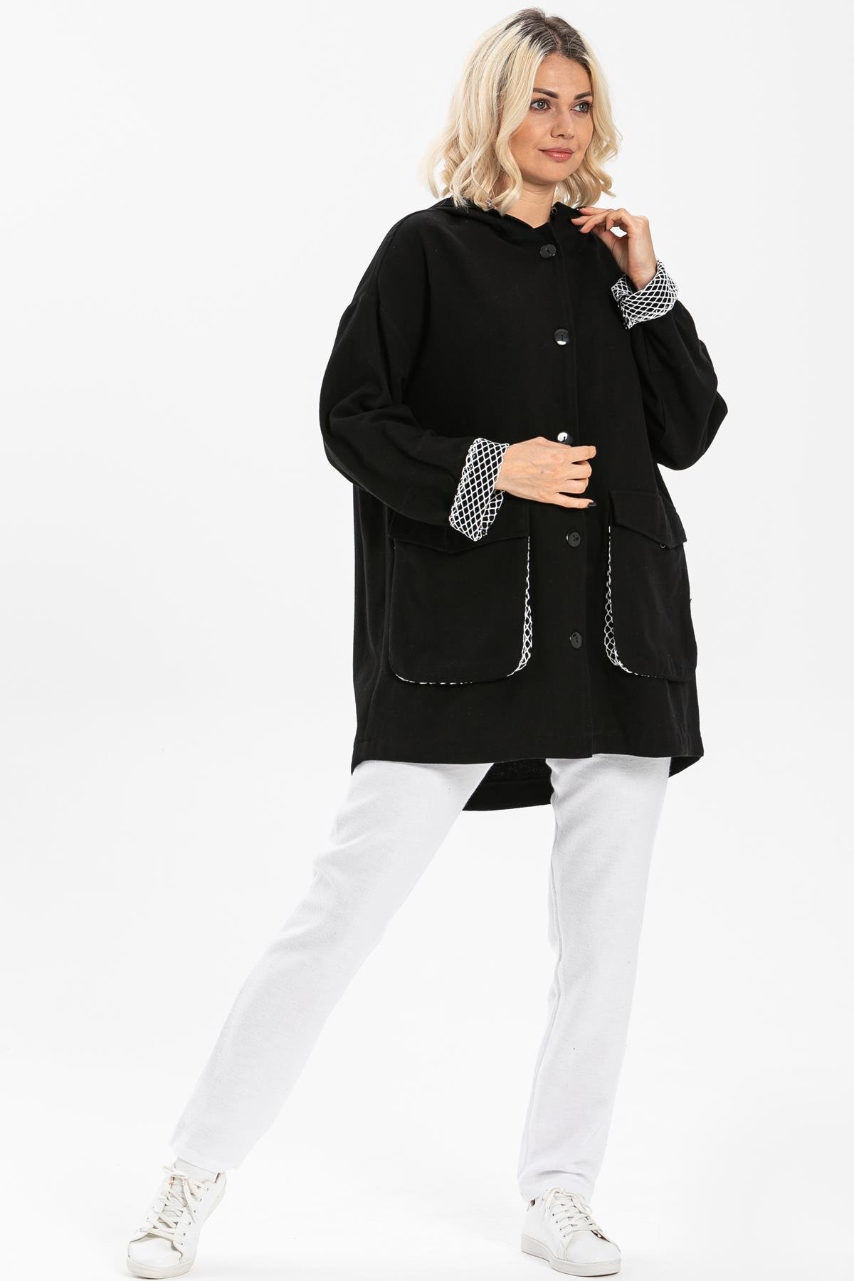 Toptan Safari Baskılı Pazen Ceket Siyah