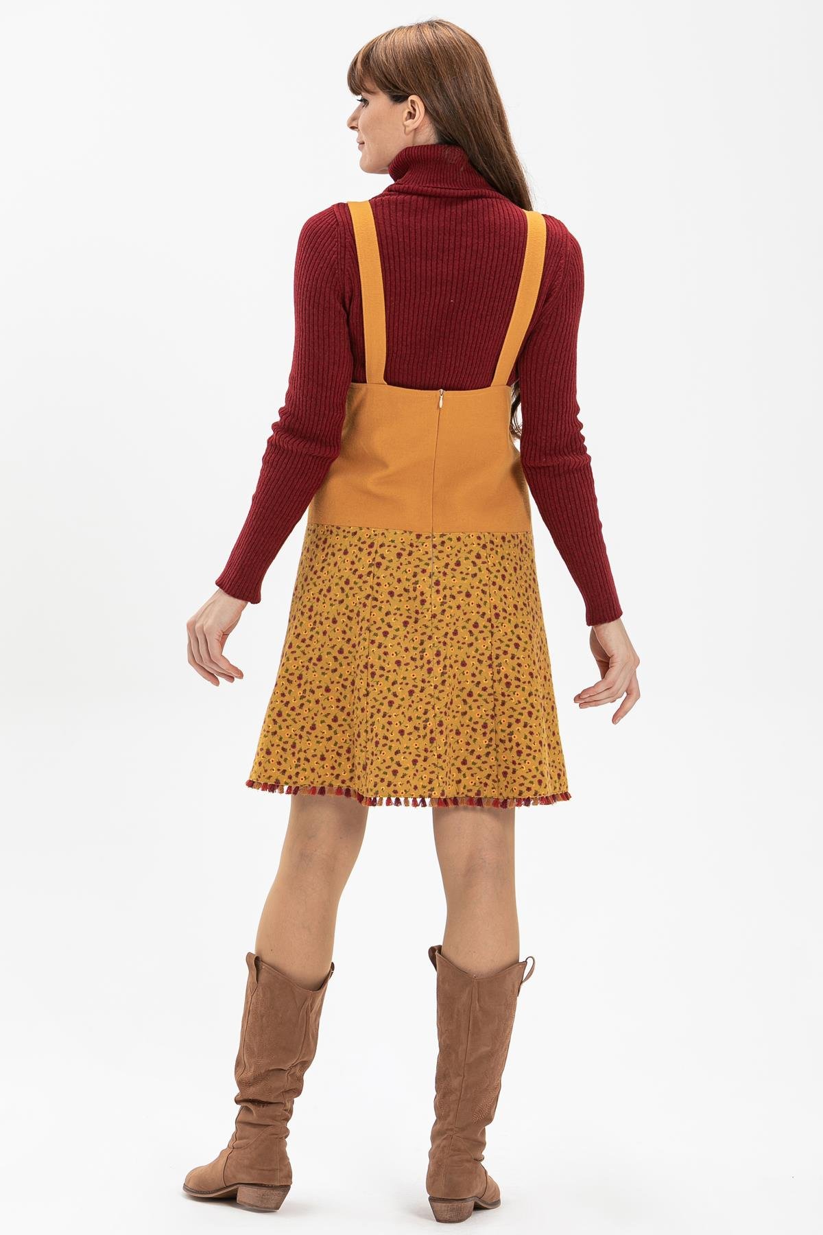 Toptan Salopet Pazen Kısa Etek Çıtır Desen Hardal