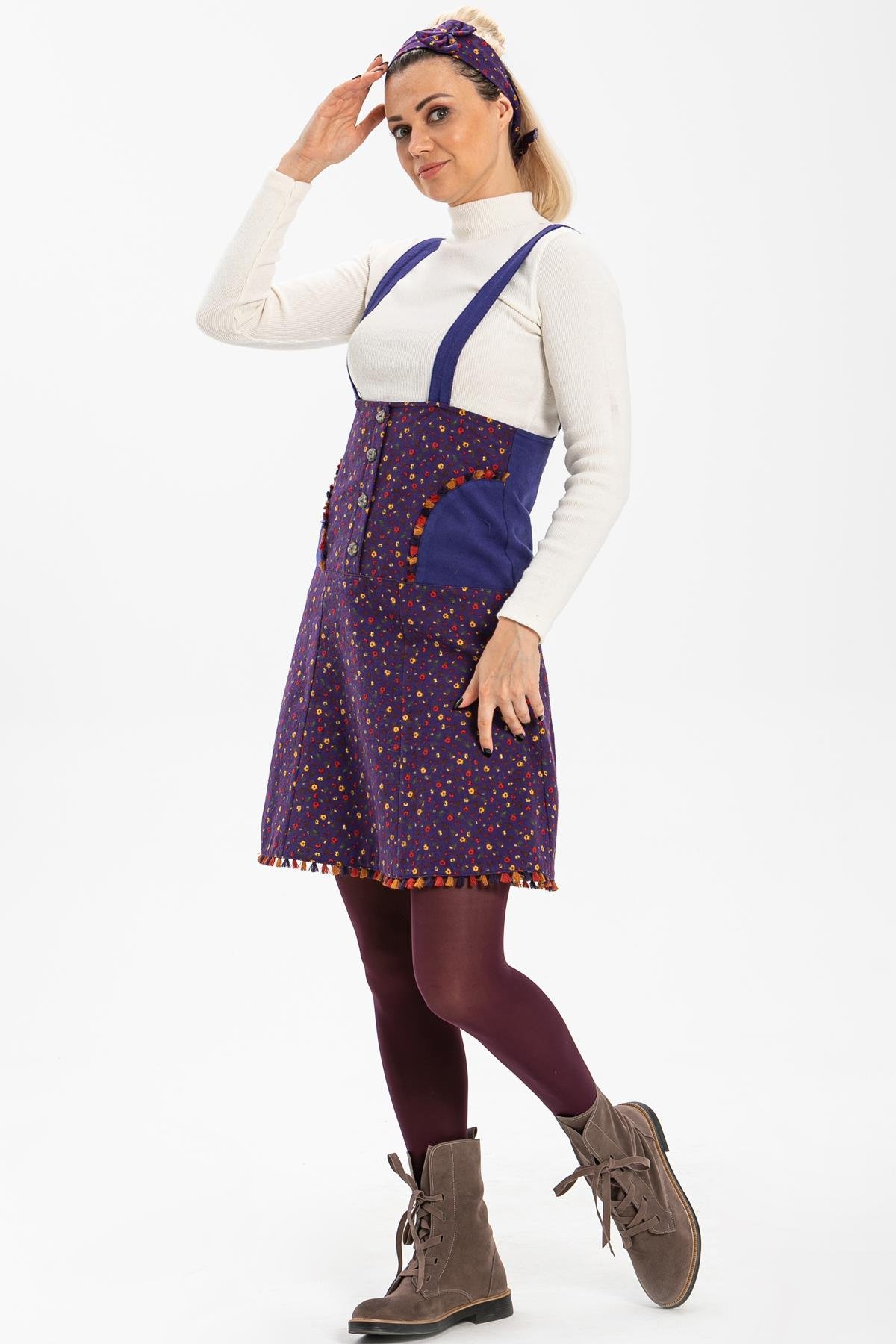 Toptan Salopet Pazen Kısa Etek Çıtır Desen Mor