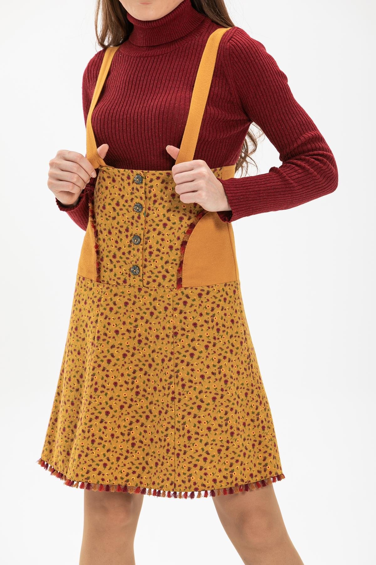 Toptan Salopet Pazen Kısa Etek Çıtır Desen Hardal