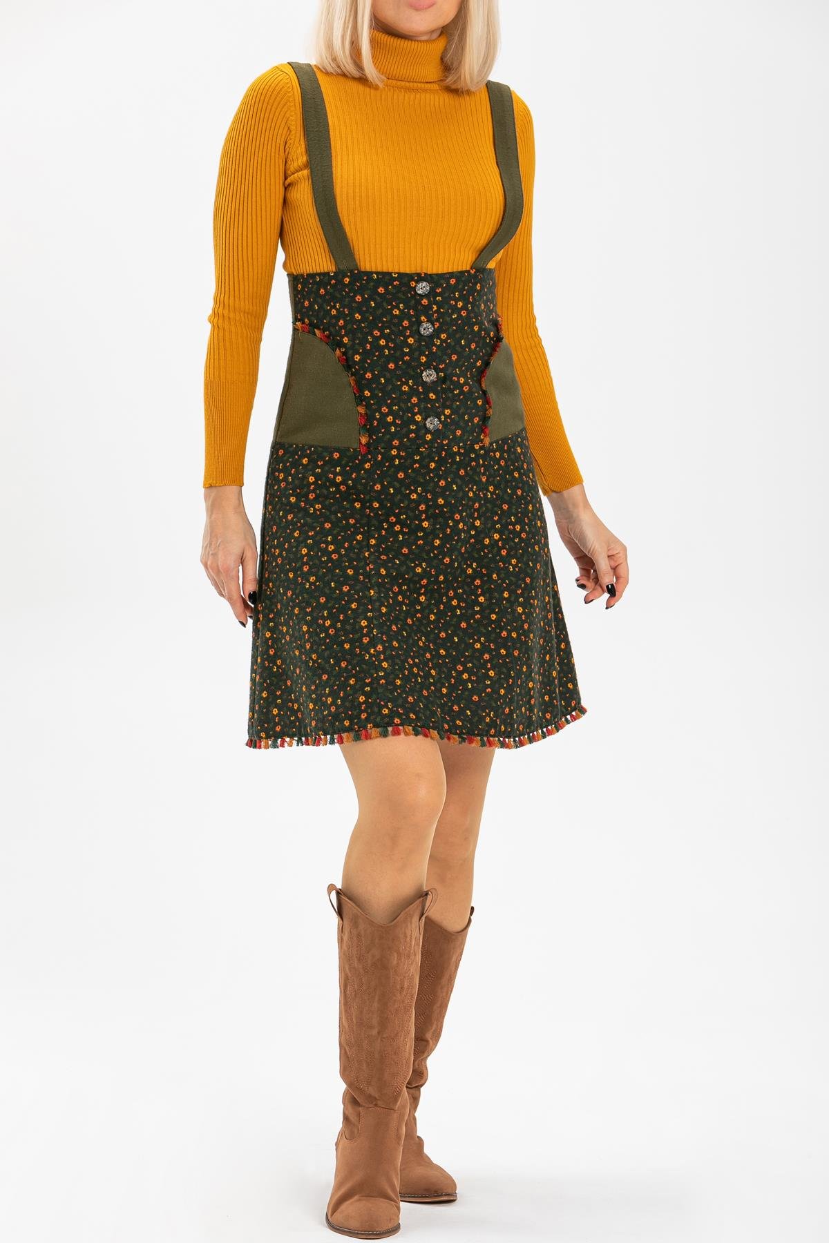 Toptan Salopet Pazen Kısa Etek Çıtır Desen Haki