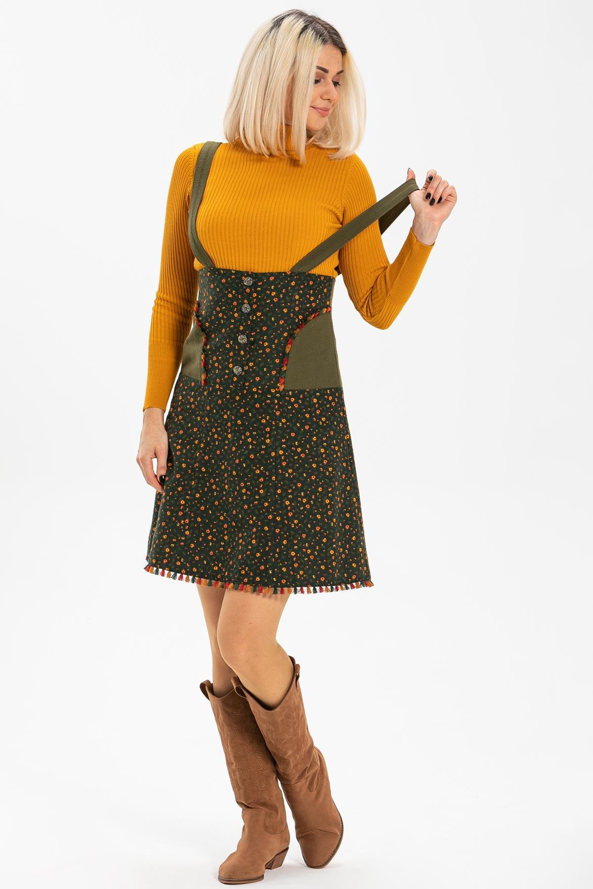 Toptan Salopet Pazen Kısa Etek Çıtır Desen Haki