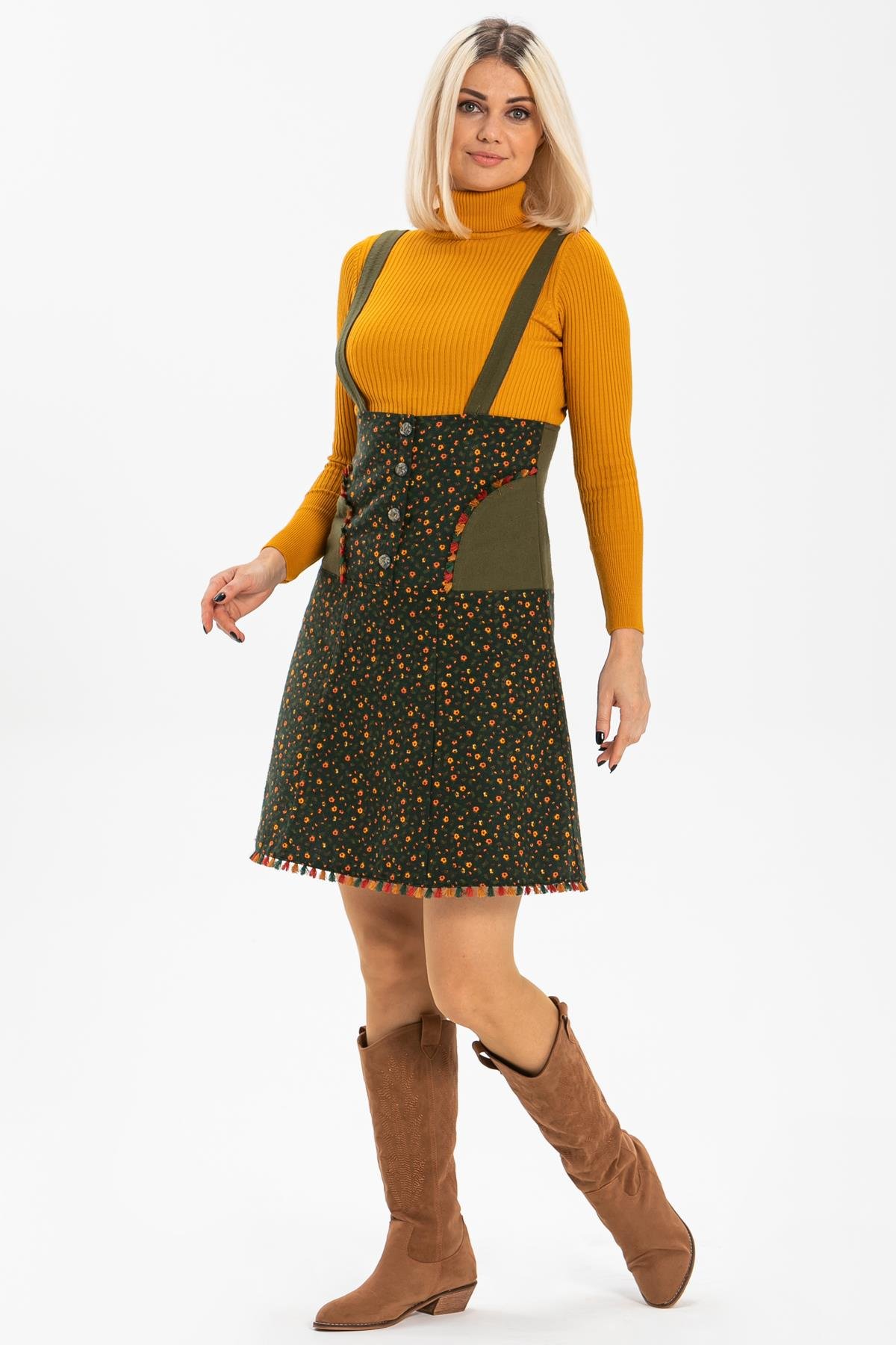 Toptan Salopet Pazen Kısa Etek Çıtır Desen Haki