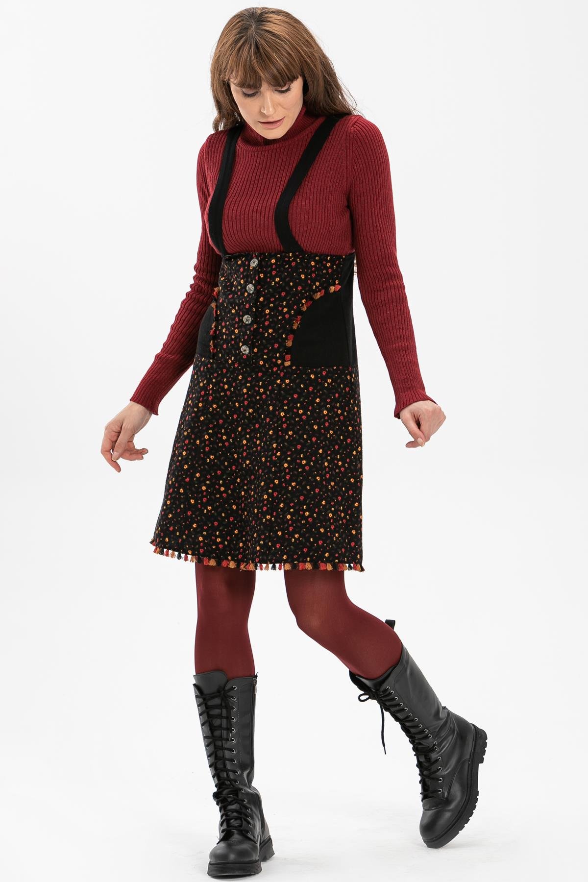 Toptan Salopet Pazen Kısa Etek Çıtır Desen Siyah