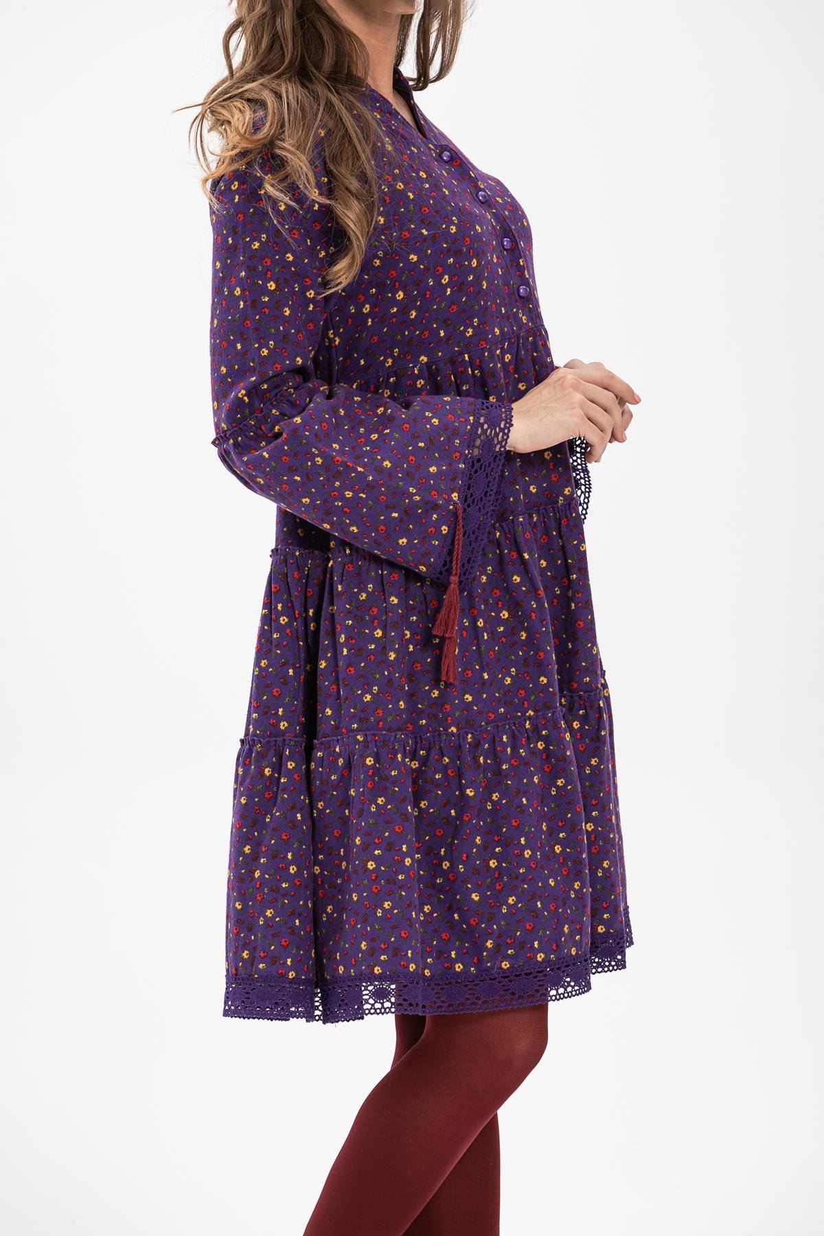 Toptan Seçil Pazen Kısa Elbise Çıtır Desen Mor