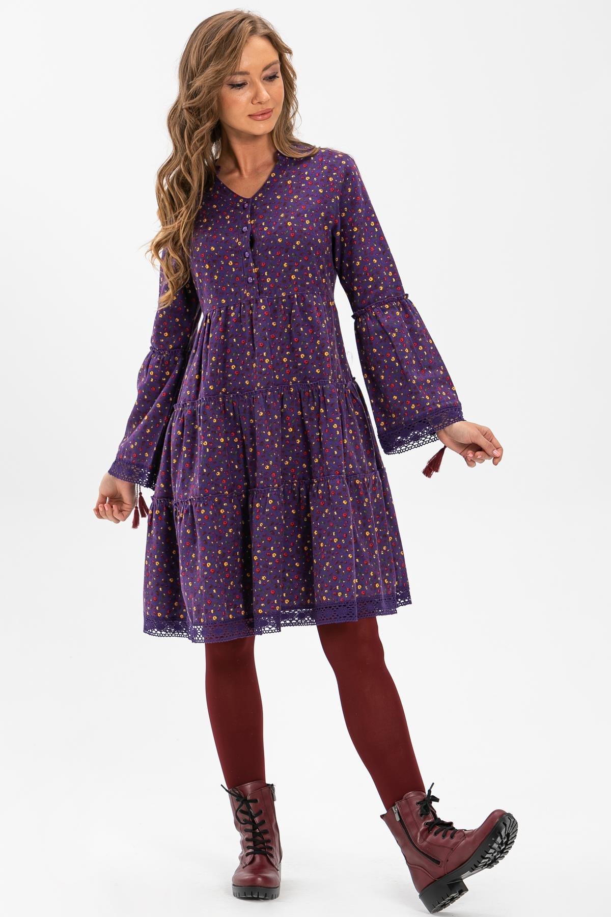 Toptan Seçil Pazen Kısa Elbise Çıtır Desen Mor