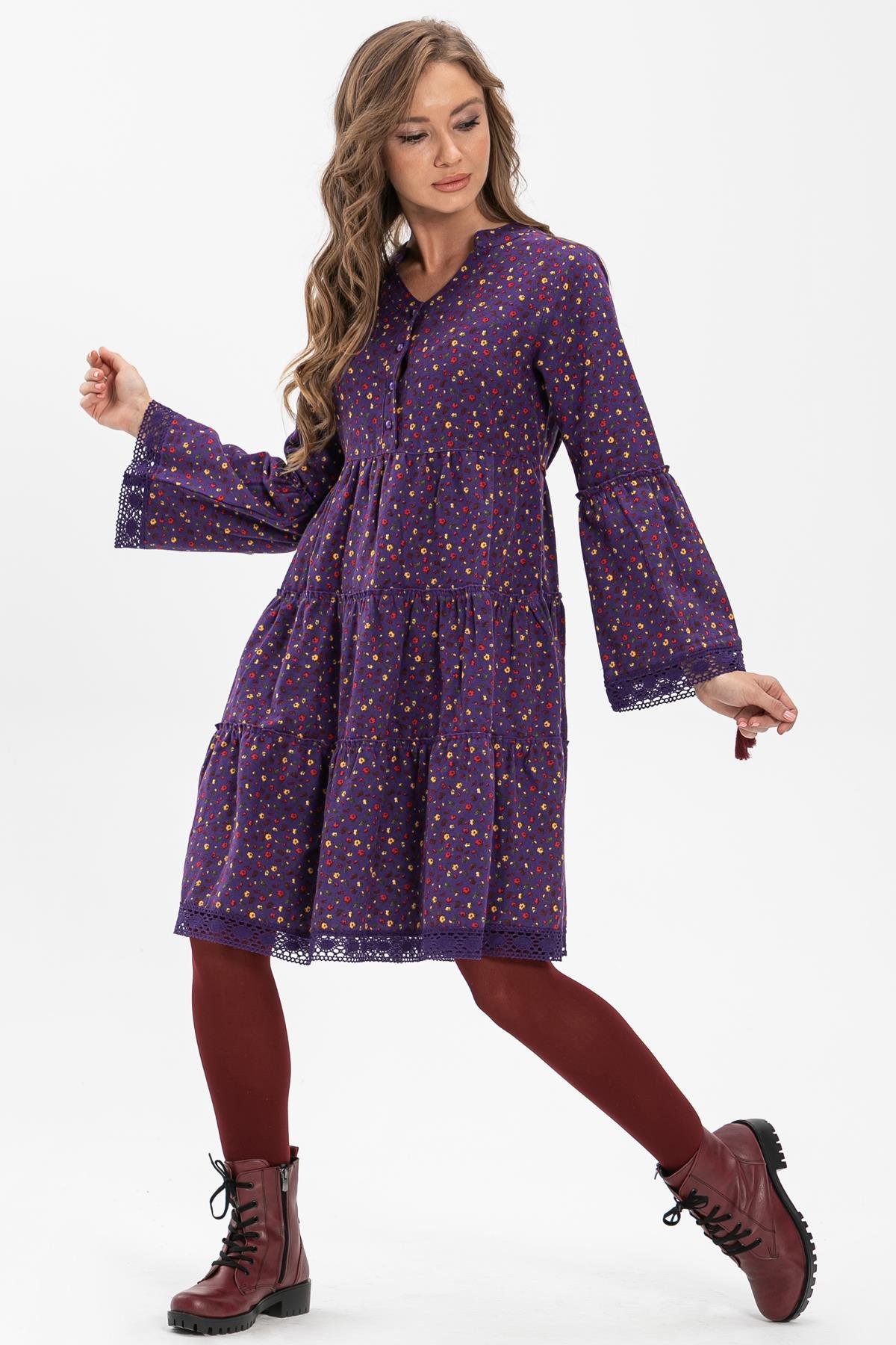 Toptan Seçil Pazen Kısa Elbise Çıtır Desen Mor