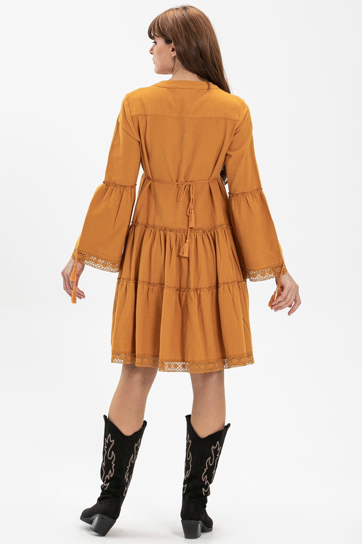 Toptan Seçil Pazen Kısa Elbise Hardal