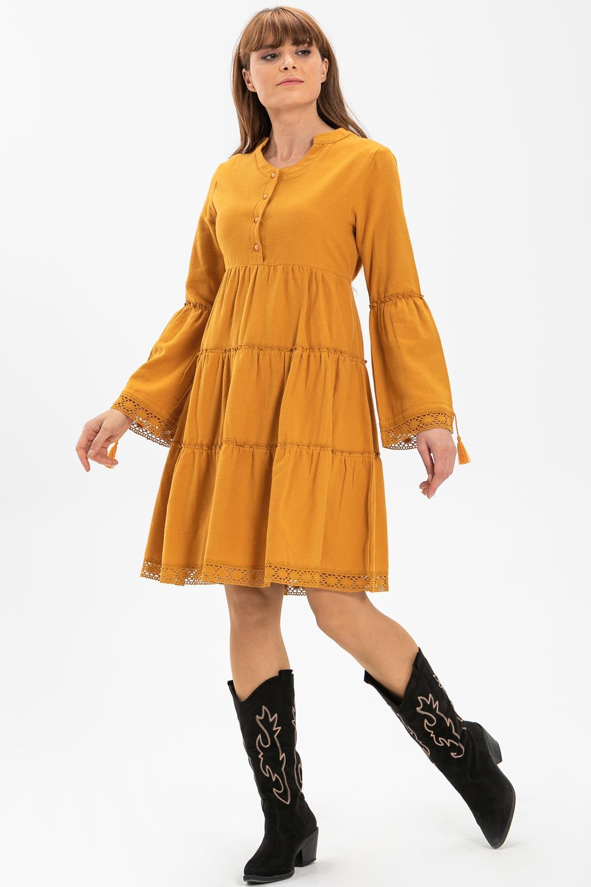 Toptan Seçil Pazen Kısa Elbise Hardal