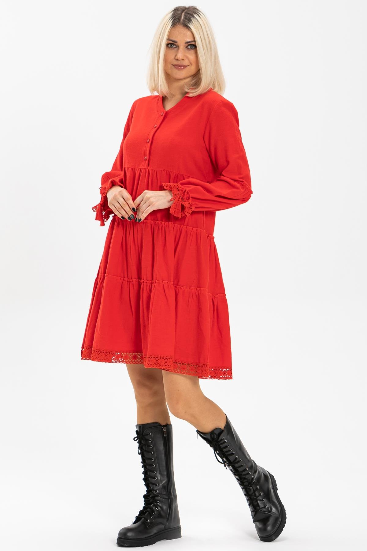 Toptan Seçil Pazen Kısa Elbise Kırmızı