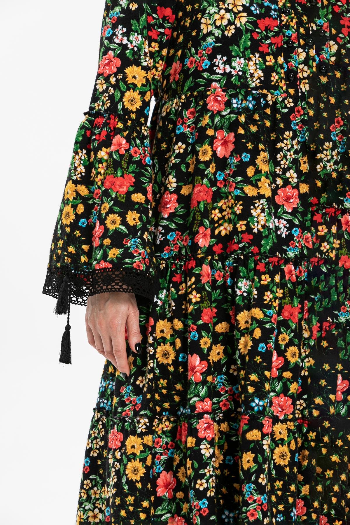 Toptan Seçil Pazen Uzun Elbise Bahar Desen Siyah