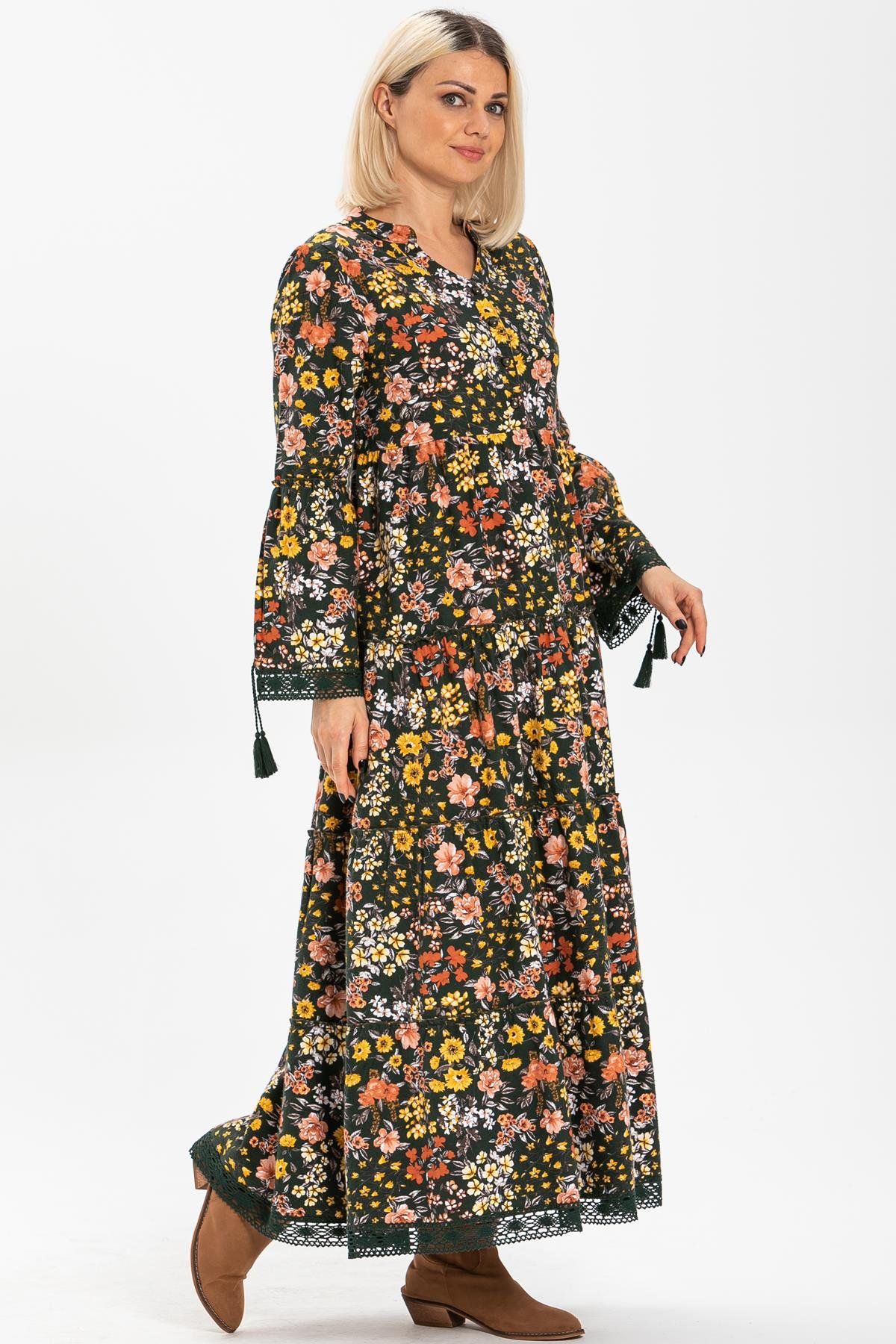 Toptan Seçil Pazen Uzun Elbise Bahar Desen Yeşil