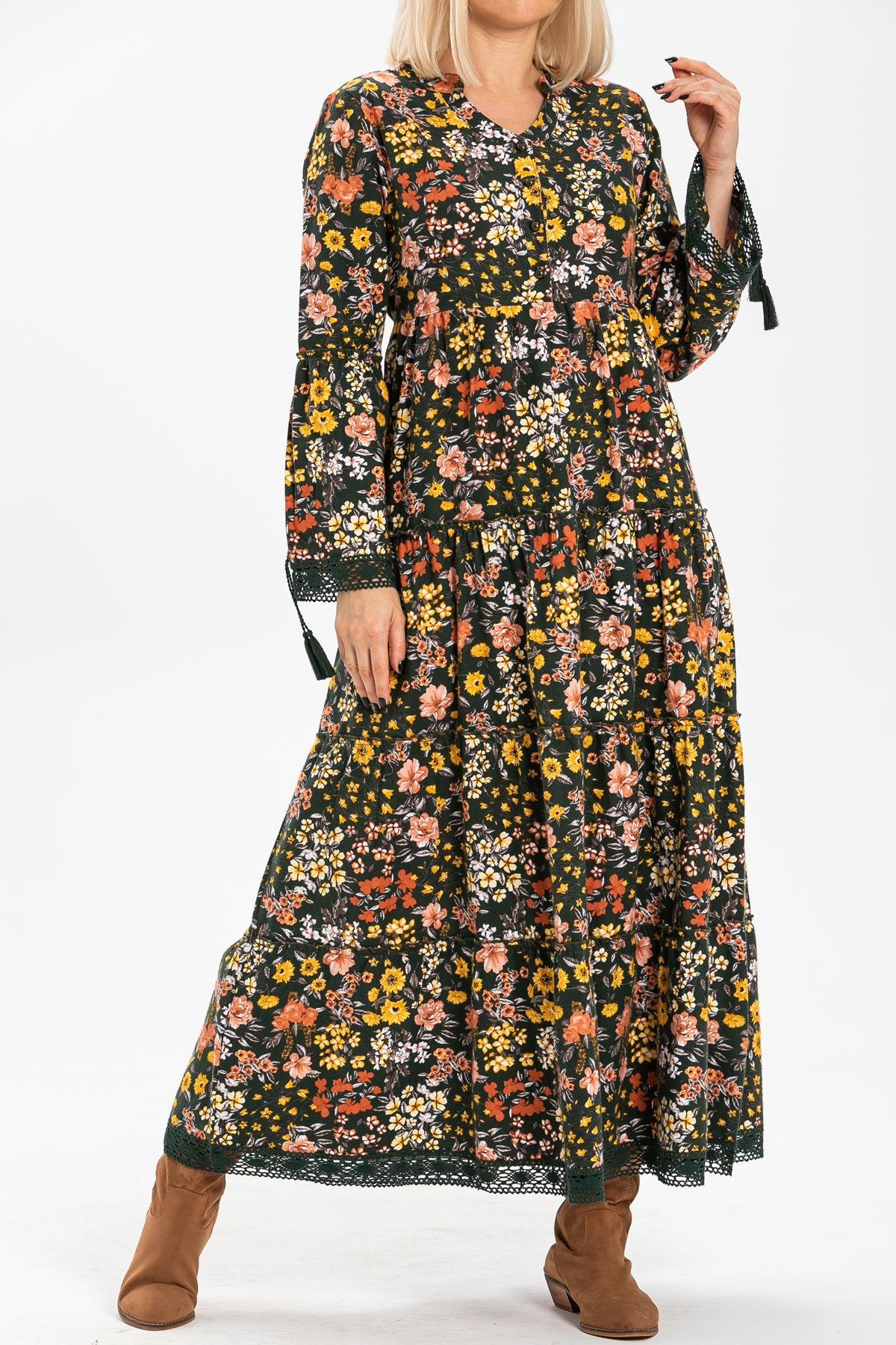 Toptan Seçil Pazen Uzun Elbise Bahar Desen Yeşil