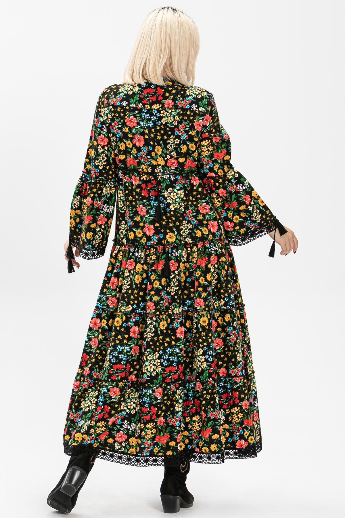 Toptan Seçil Pazen Uzun Elbise Bahar Desen Siyah