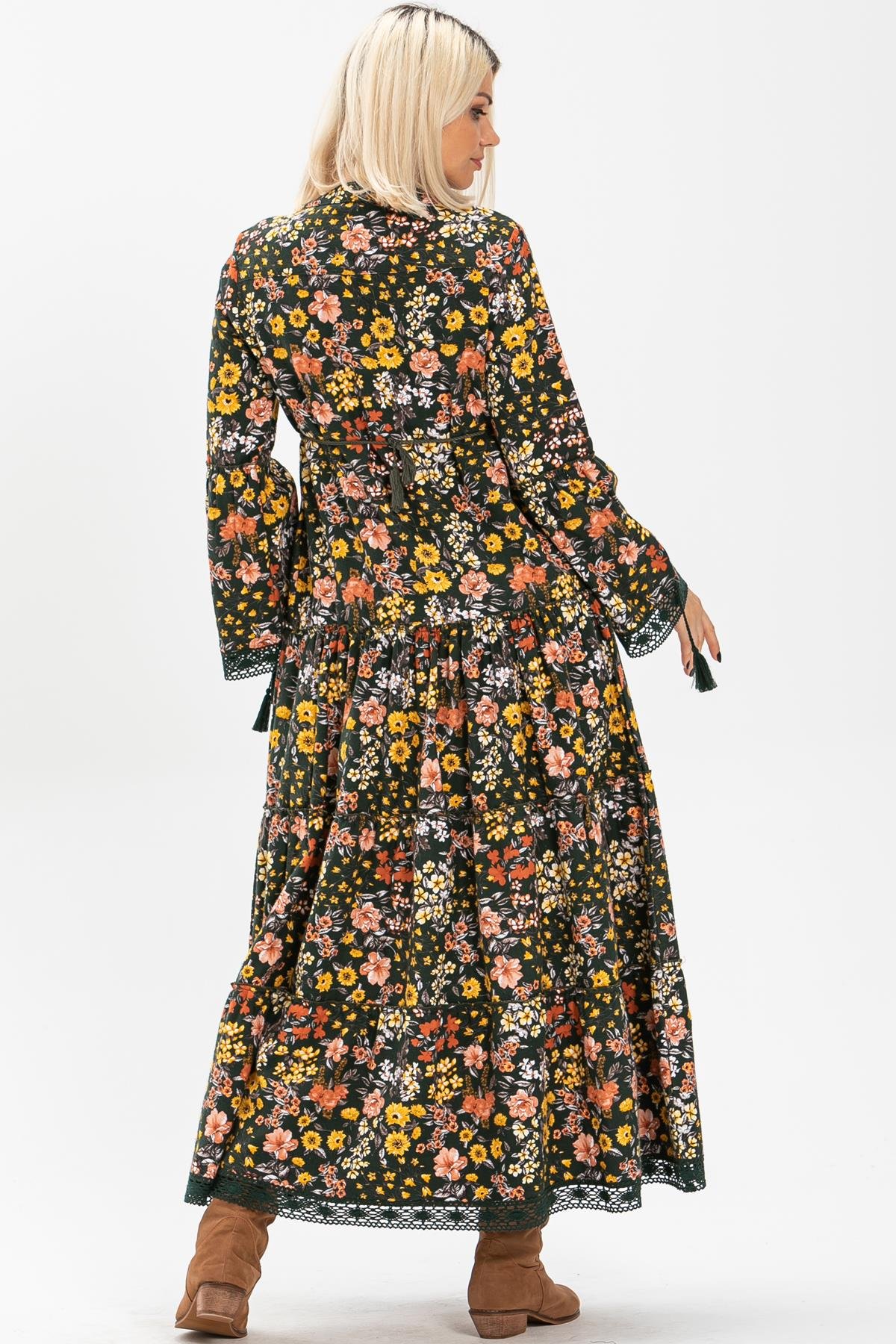 Toptan Seçil Pazen Uzun Elbise Bahar Desen Yeşil