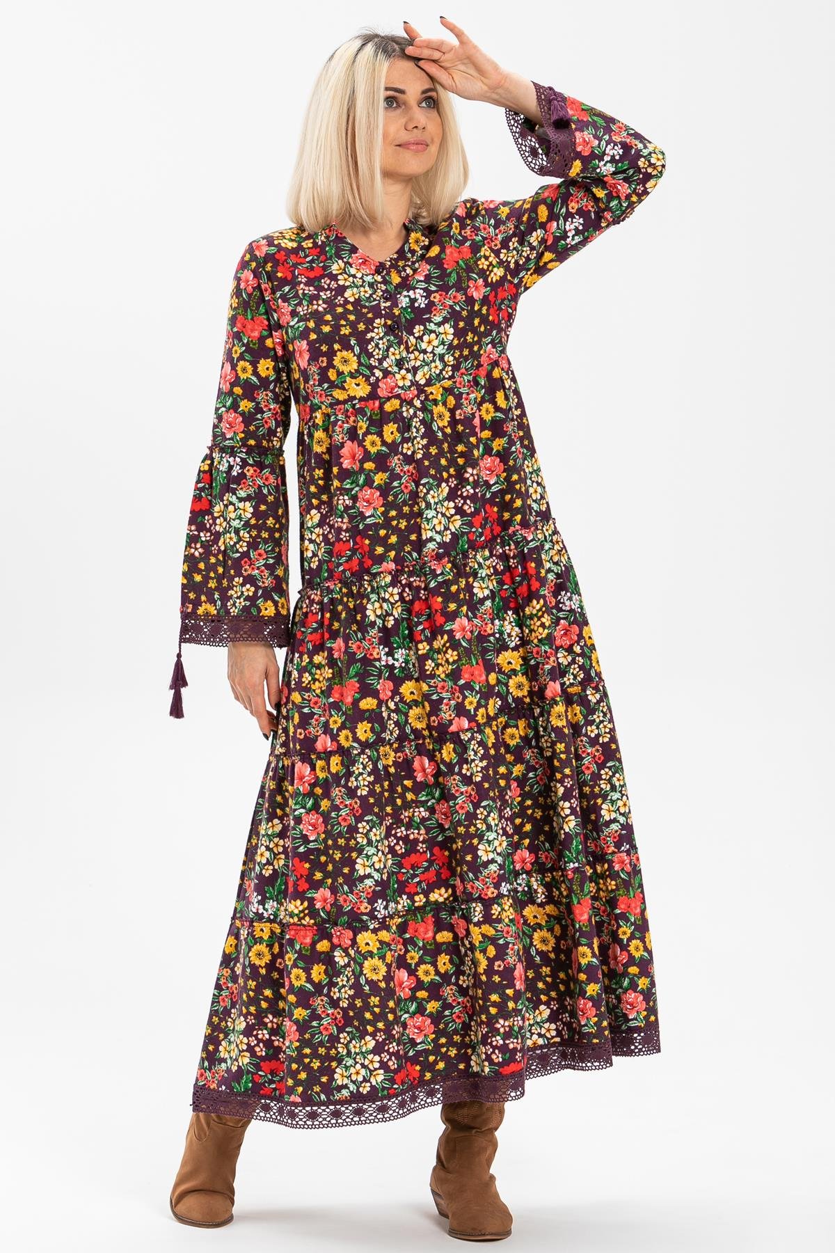 Toptan Seçil Pazen Uzun Elbise Bahar Desen Mor