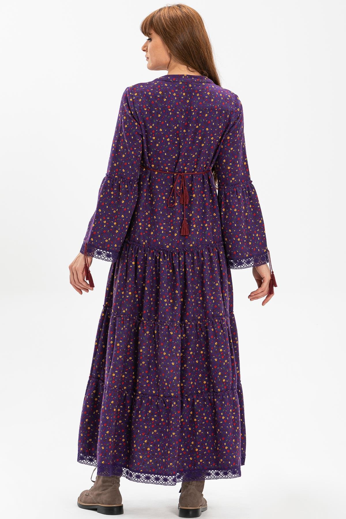 Toptan Seçil Pazen Uzun Elbise Çıtır Desen Mor