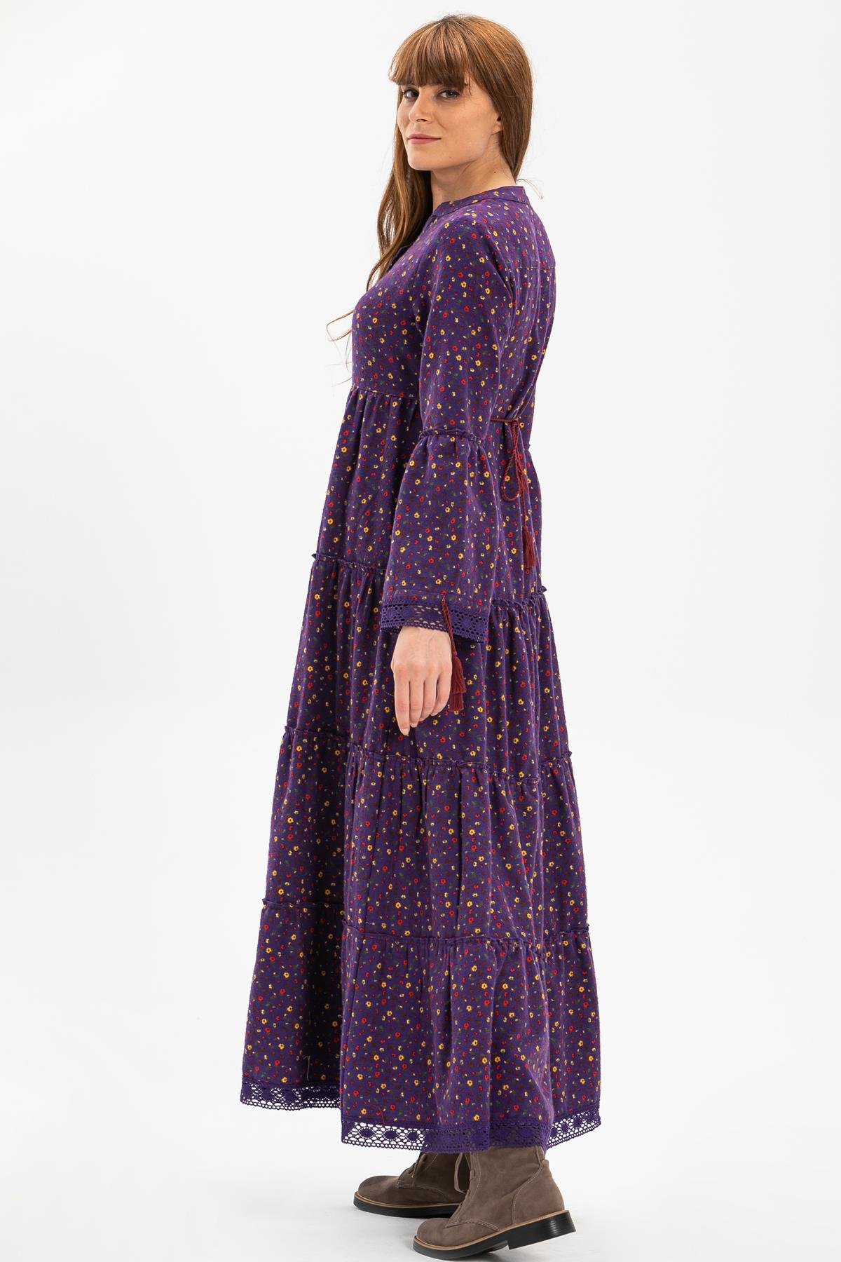 Toptan Seçil Pazen Uzun Elbise Çıtır Desen Mor