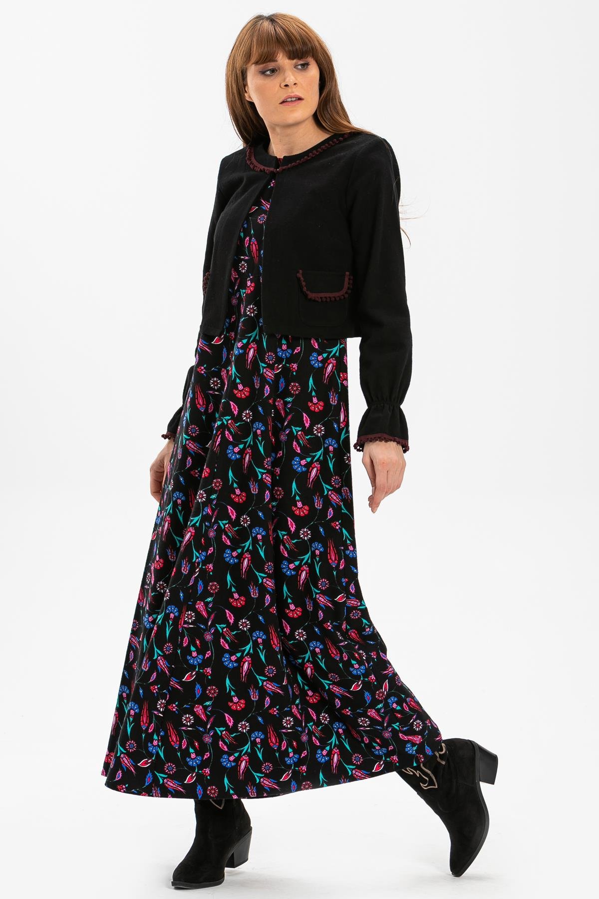 Toptan Selen Pazen Elbise Çini Desen Siyah