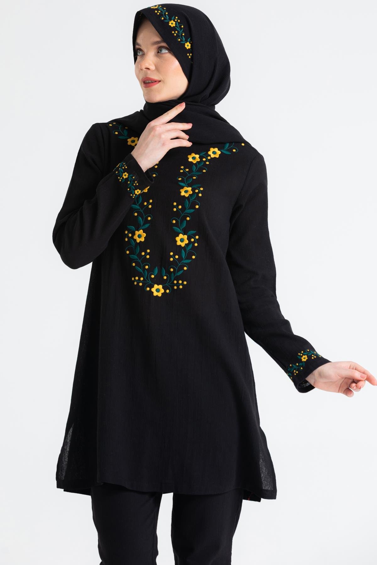 Toptan Şile Bezi Çiğdem Nakışlı Şal Siyah 