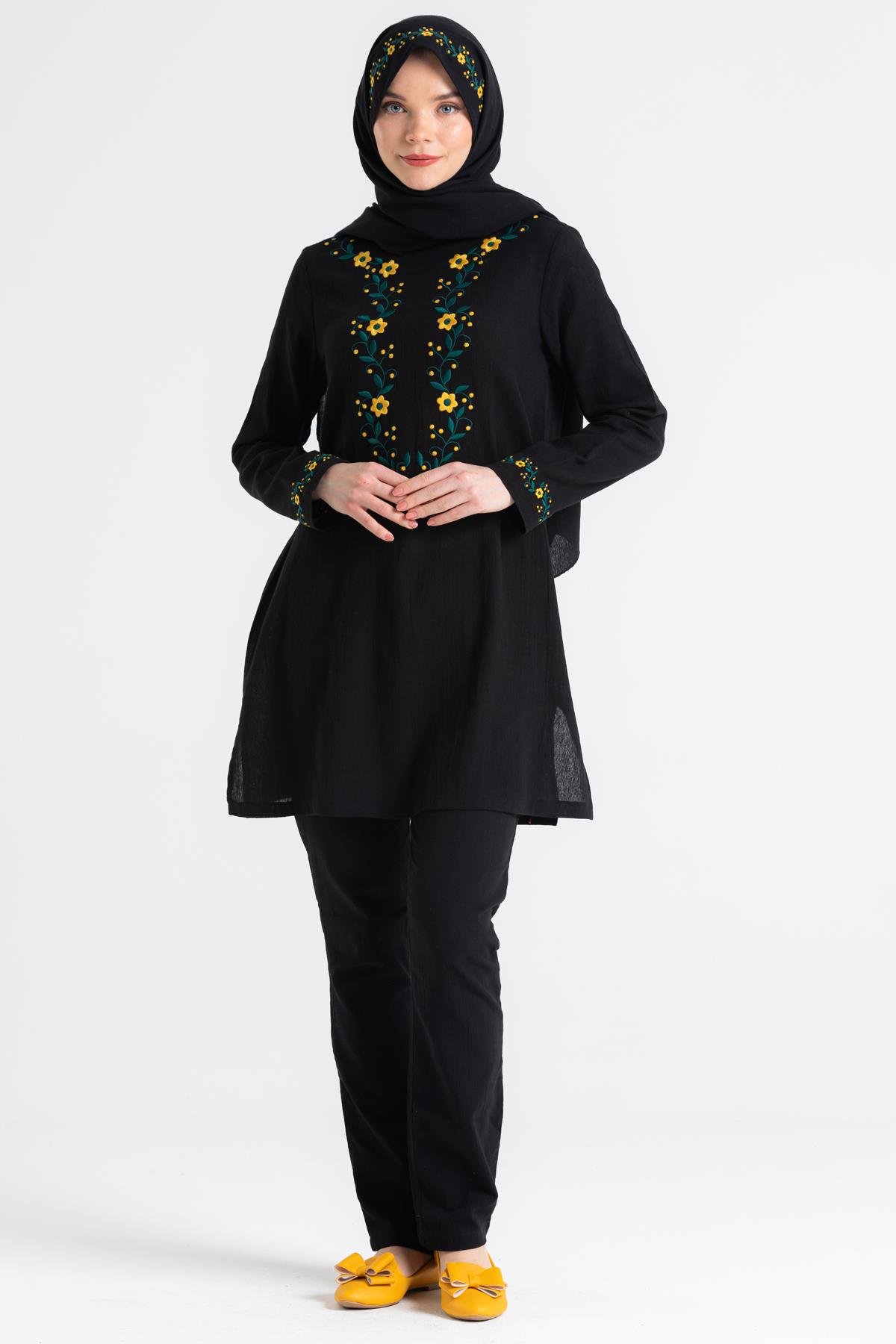 Toptan Şile Bezi Çiğdem Nakışlı Şal Siyah 