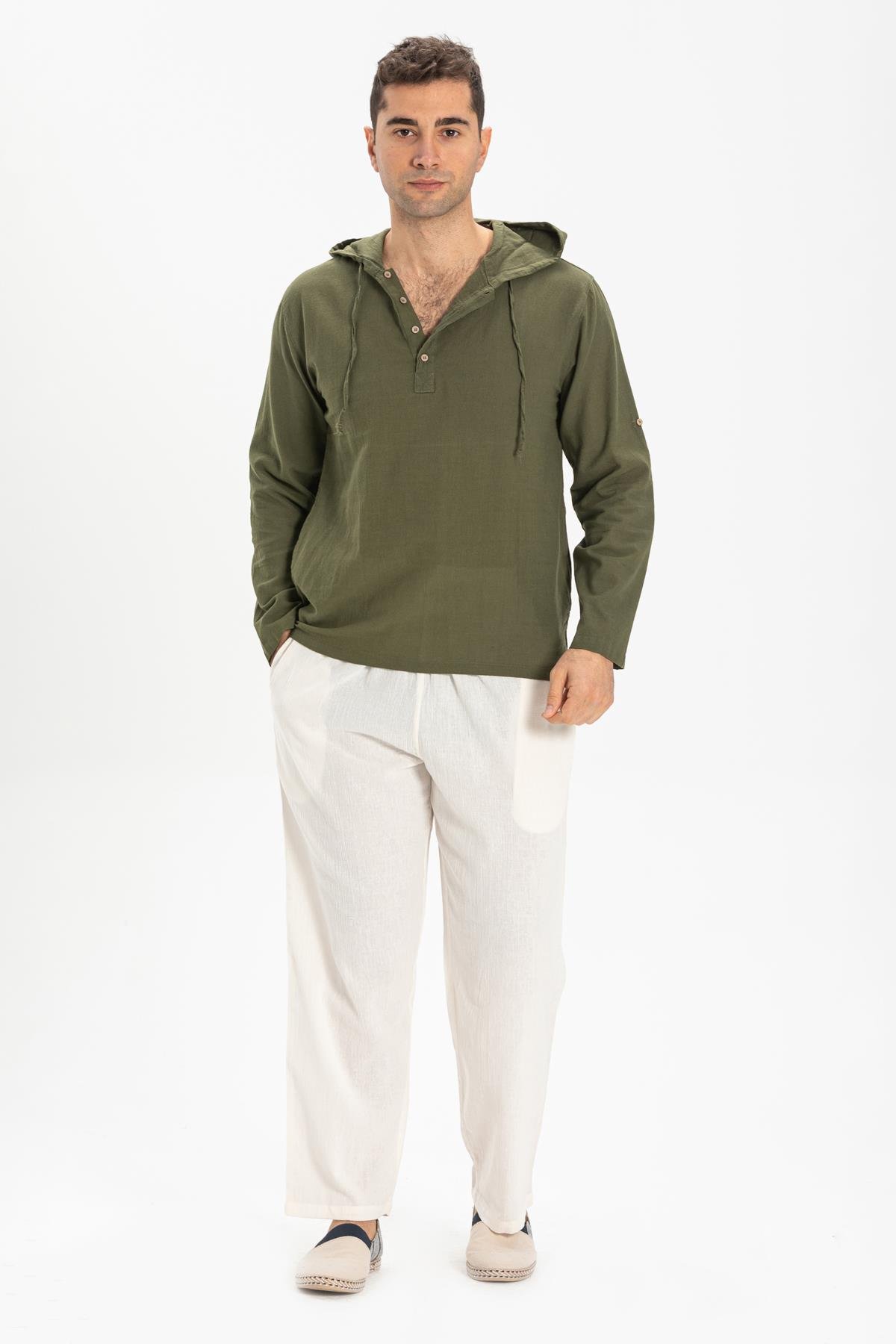 Toptan Şile Bezi Kapüşonlu Erkek Sweatshirt Haki