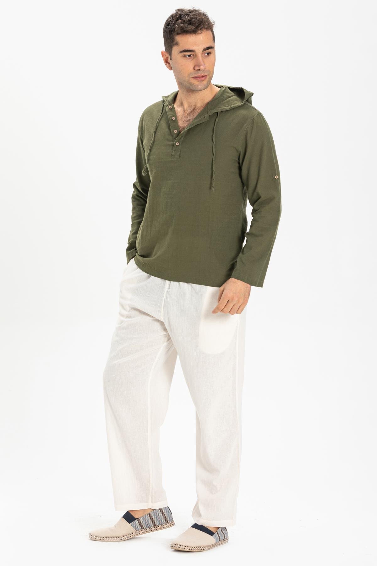 Toptan Şile Bezi Kapüşonlu Erkek Sweatshirt Haki