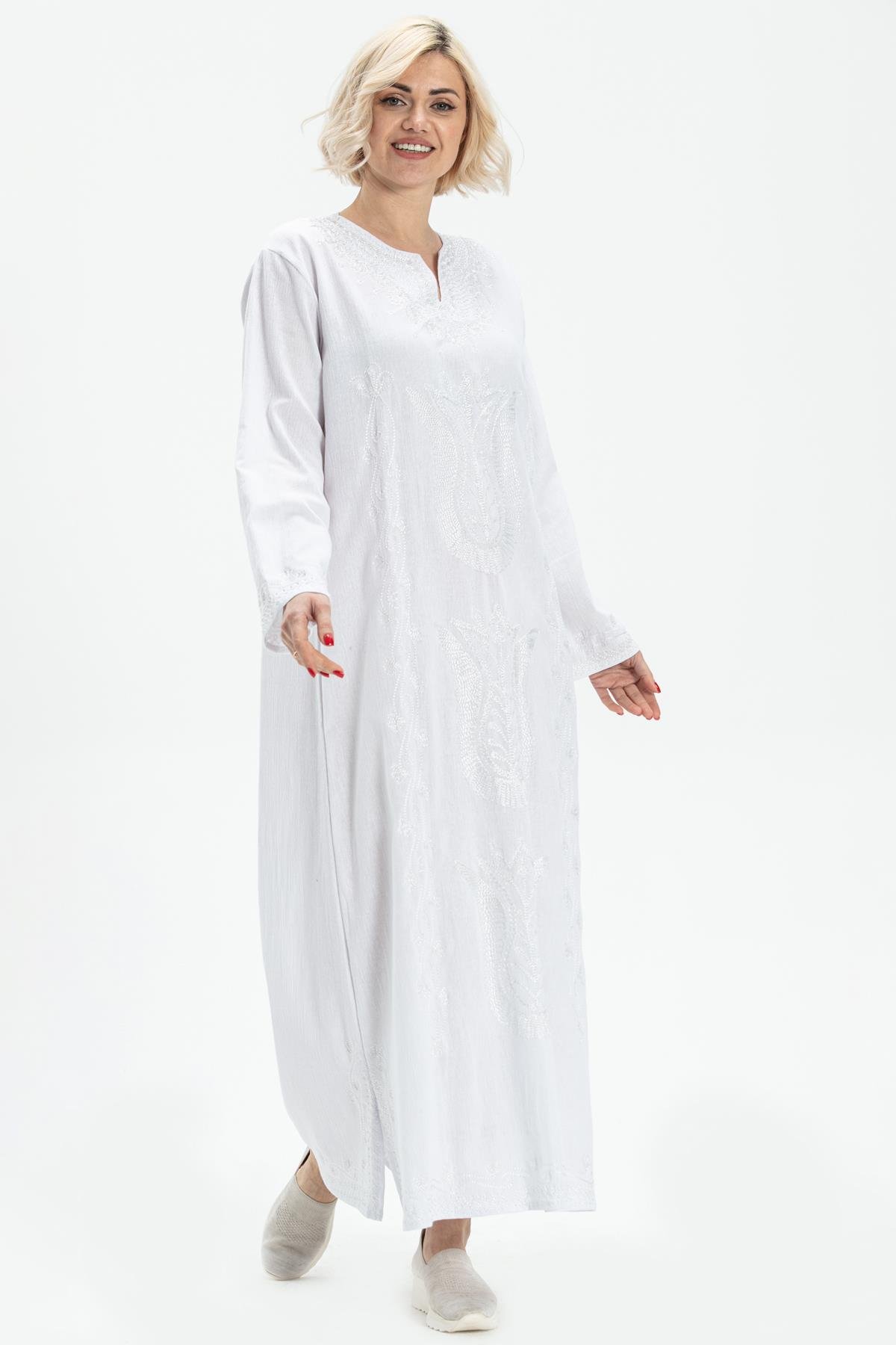 Toptan Simli Şile Bezi Kaftan Elbise Beyaz