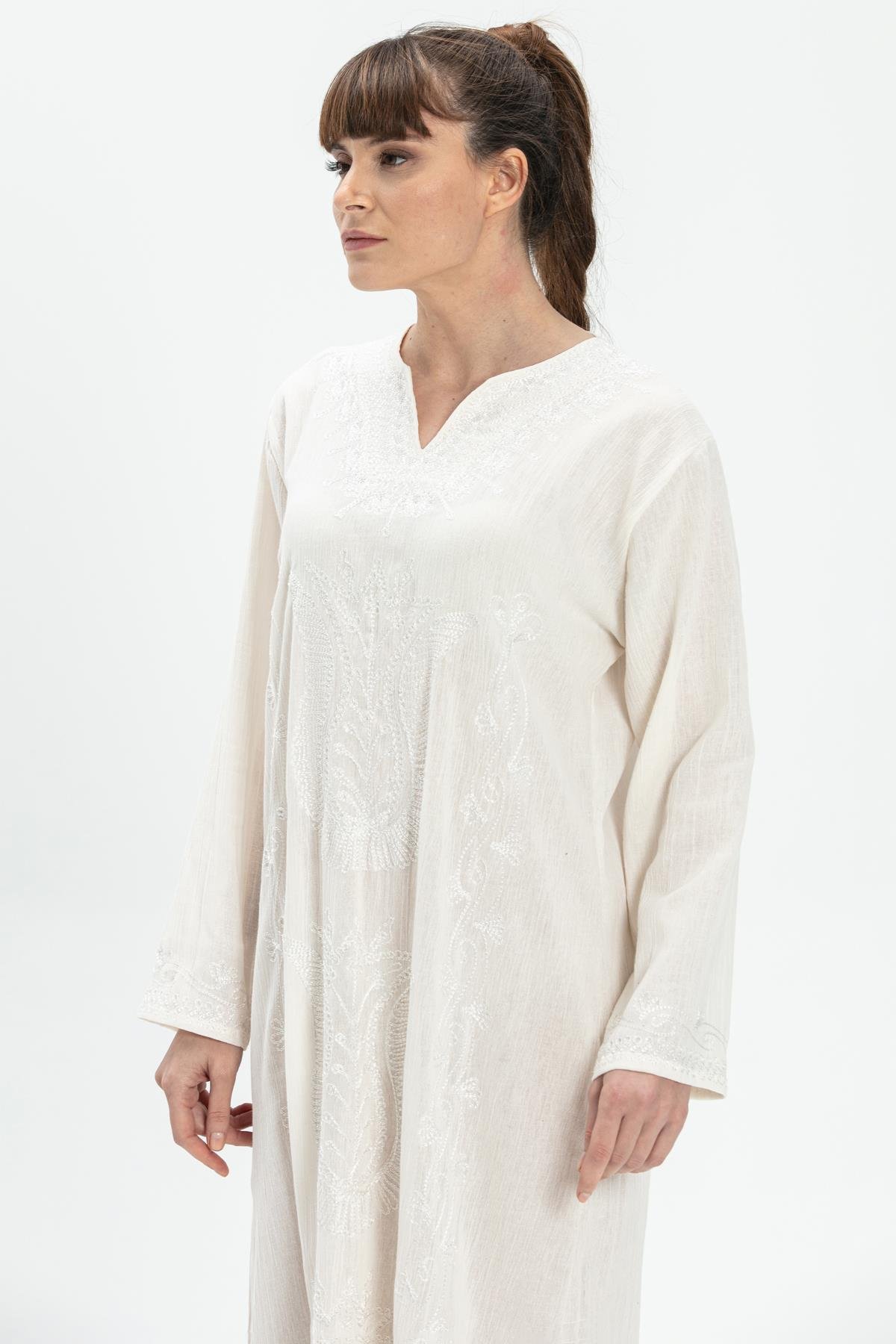 Toptan Simli Şile Bezi Kaftan Elbise Krem