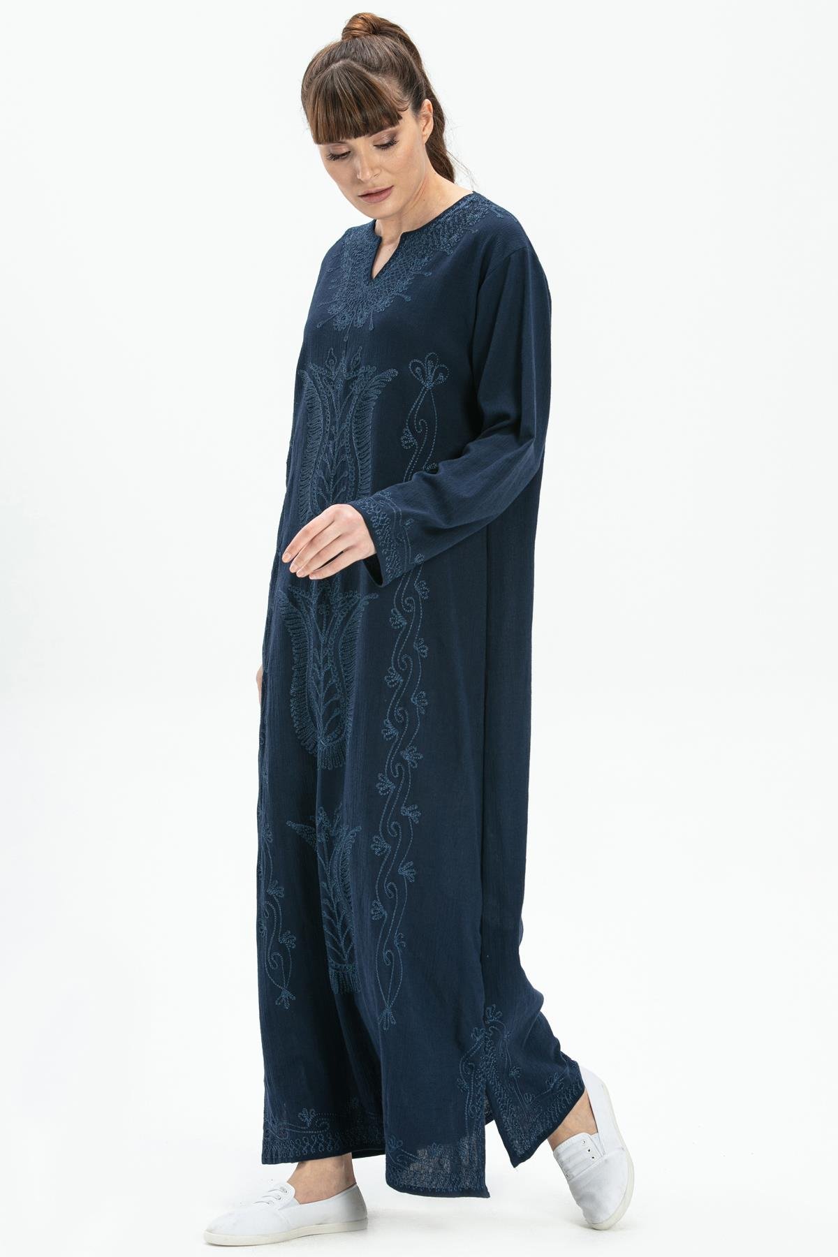 Toptan Simli Şile Bezi Kaftan Elbise Lacivert