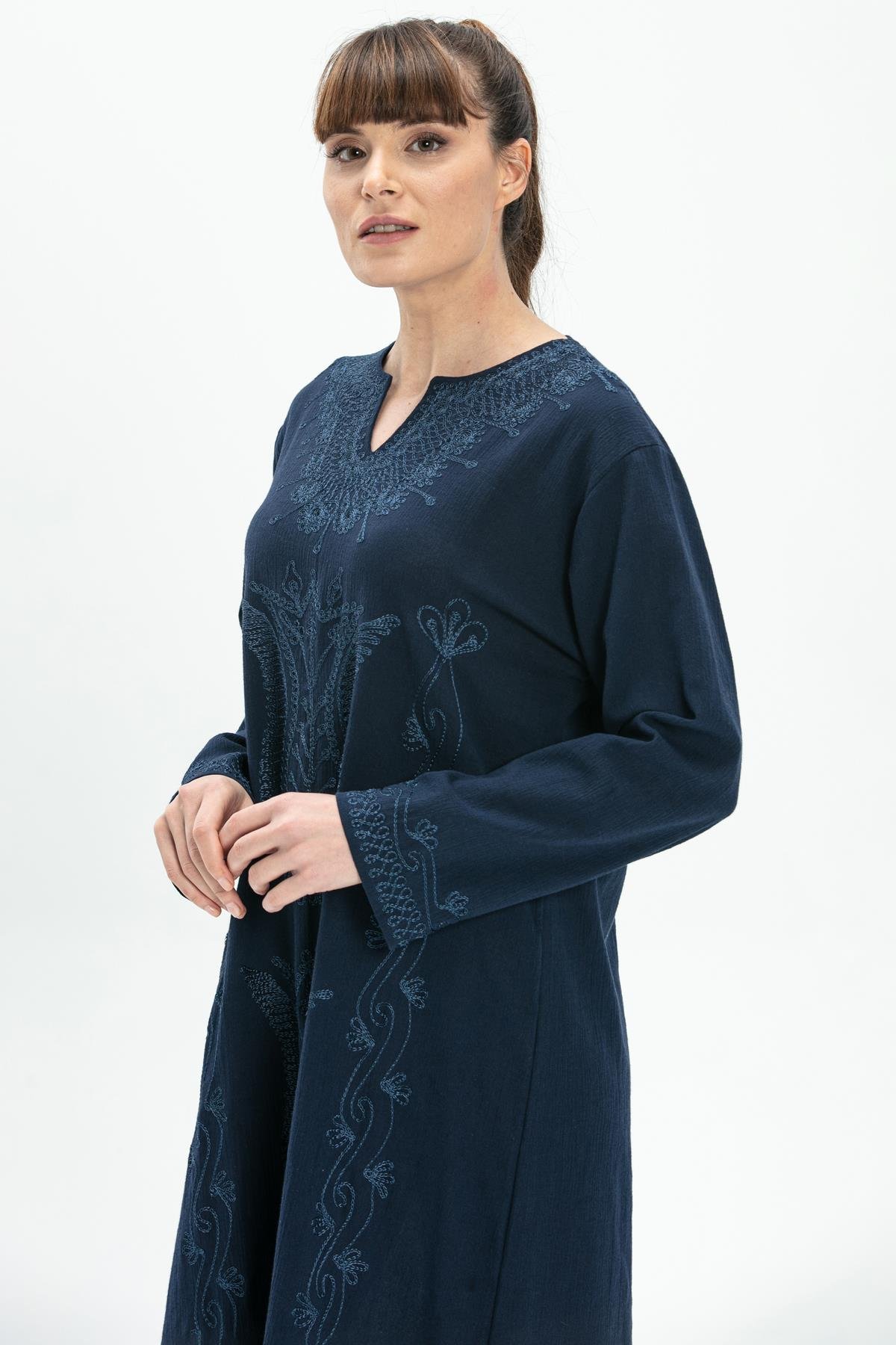 Toptan Simli Şile Bezi Kaftan Elbise Lacivert