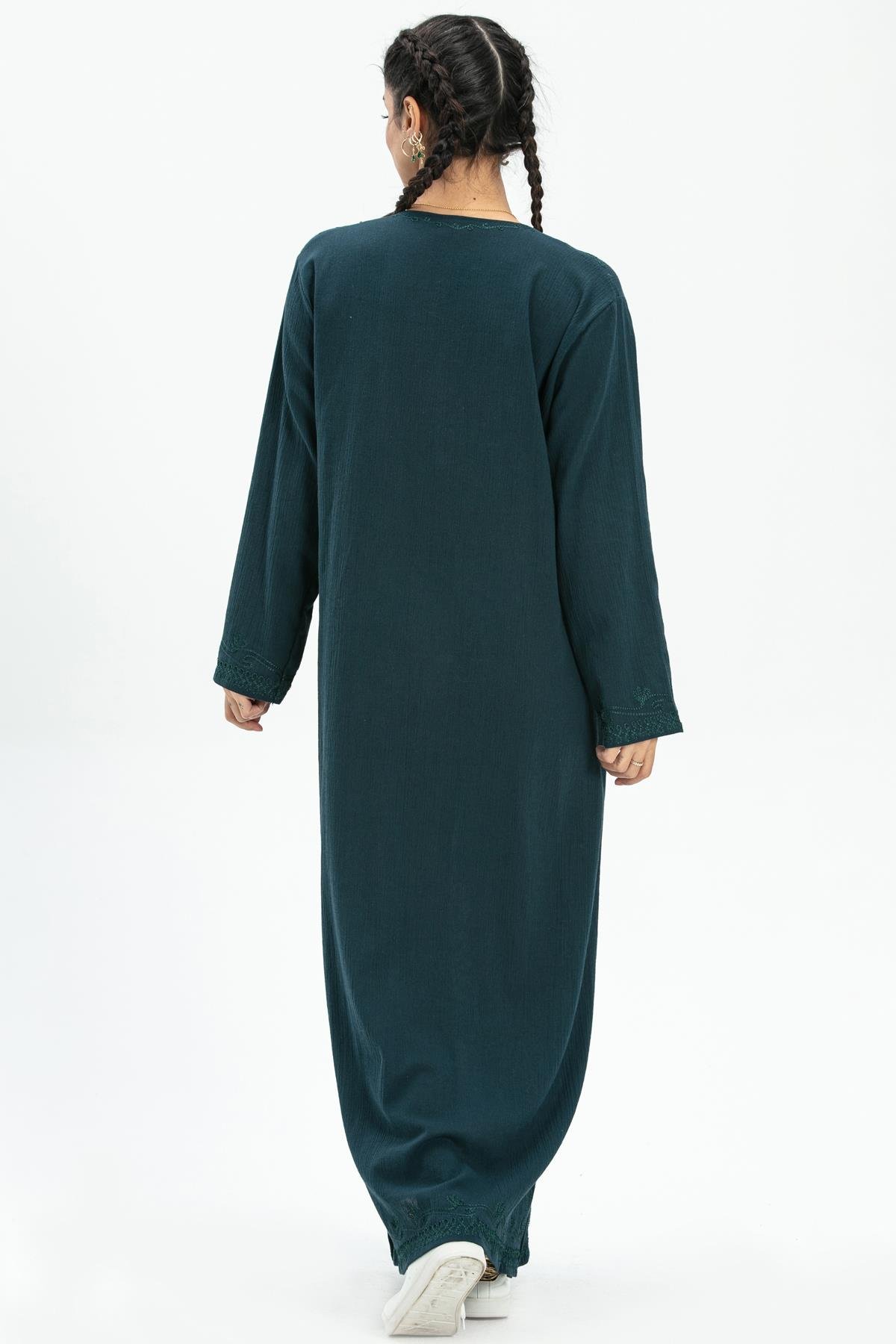 Toptan Simli Şile Bezi Kaftan Elbise Petrol