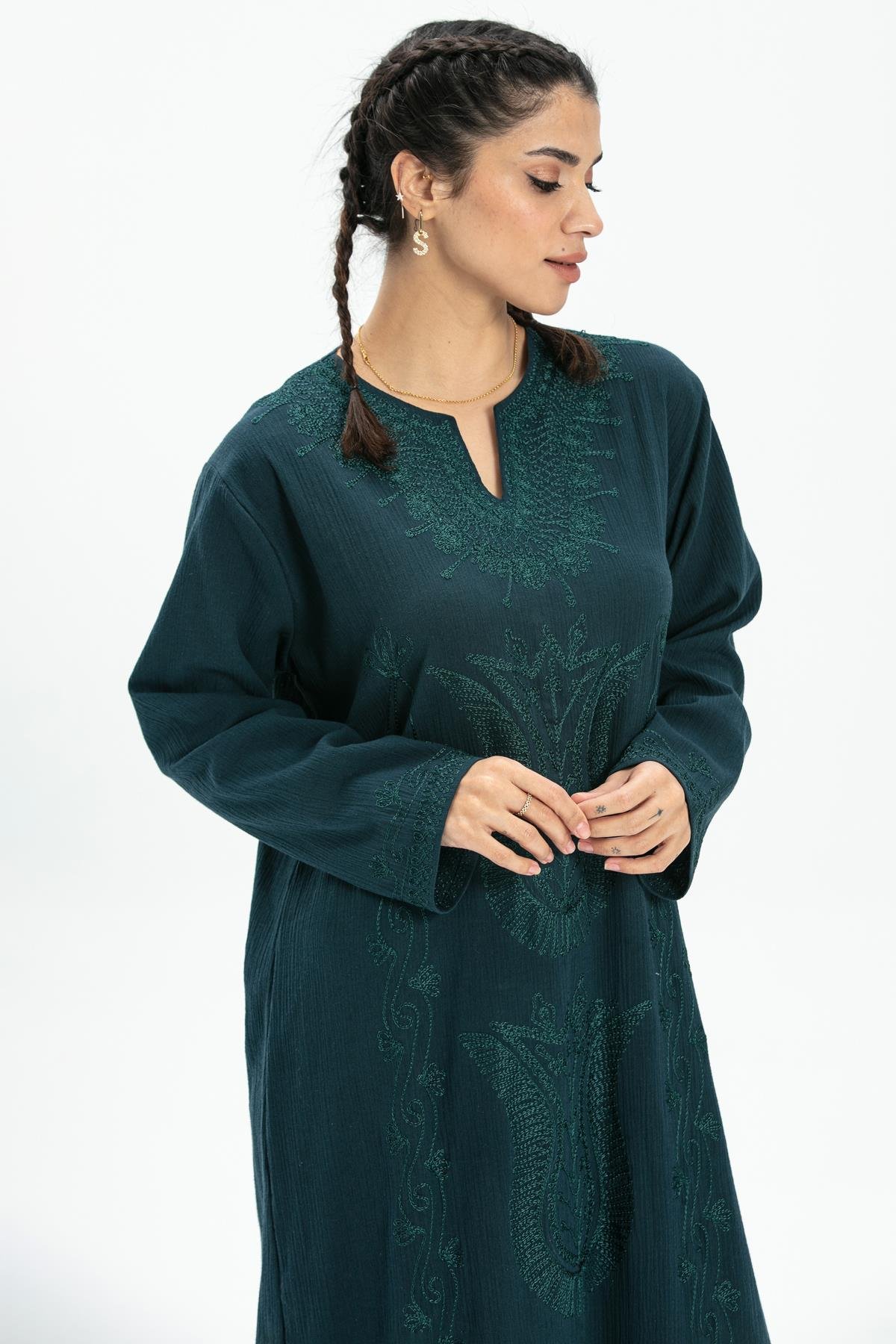 Toptan Simli Şile Bezi Kaftan Elbise Petrol