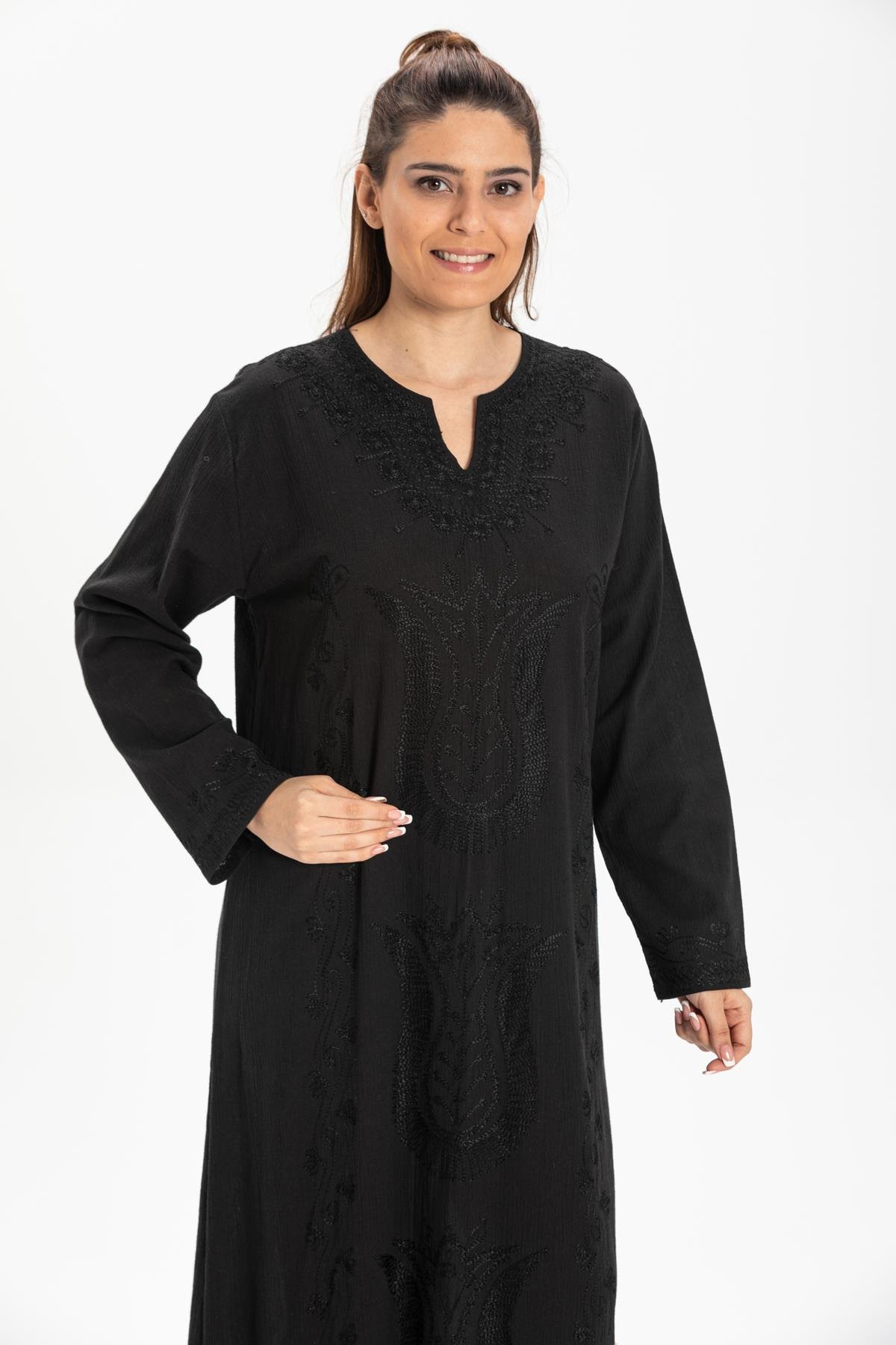 Toptan Simli Şile Bezi Kaftan Elbise Siyah