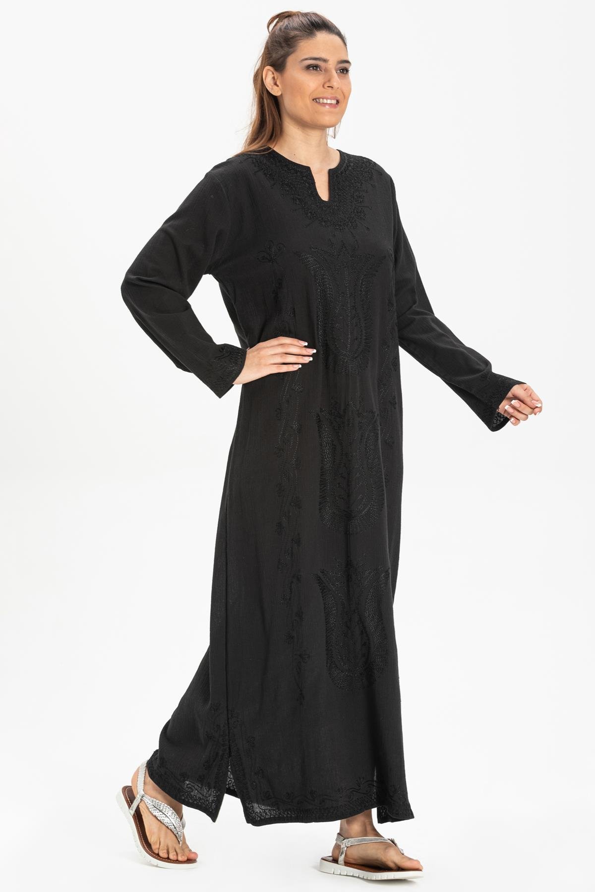 Toptan Simli Şile Bezi Kaftan Elbise Siyah