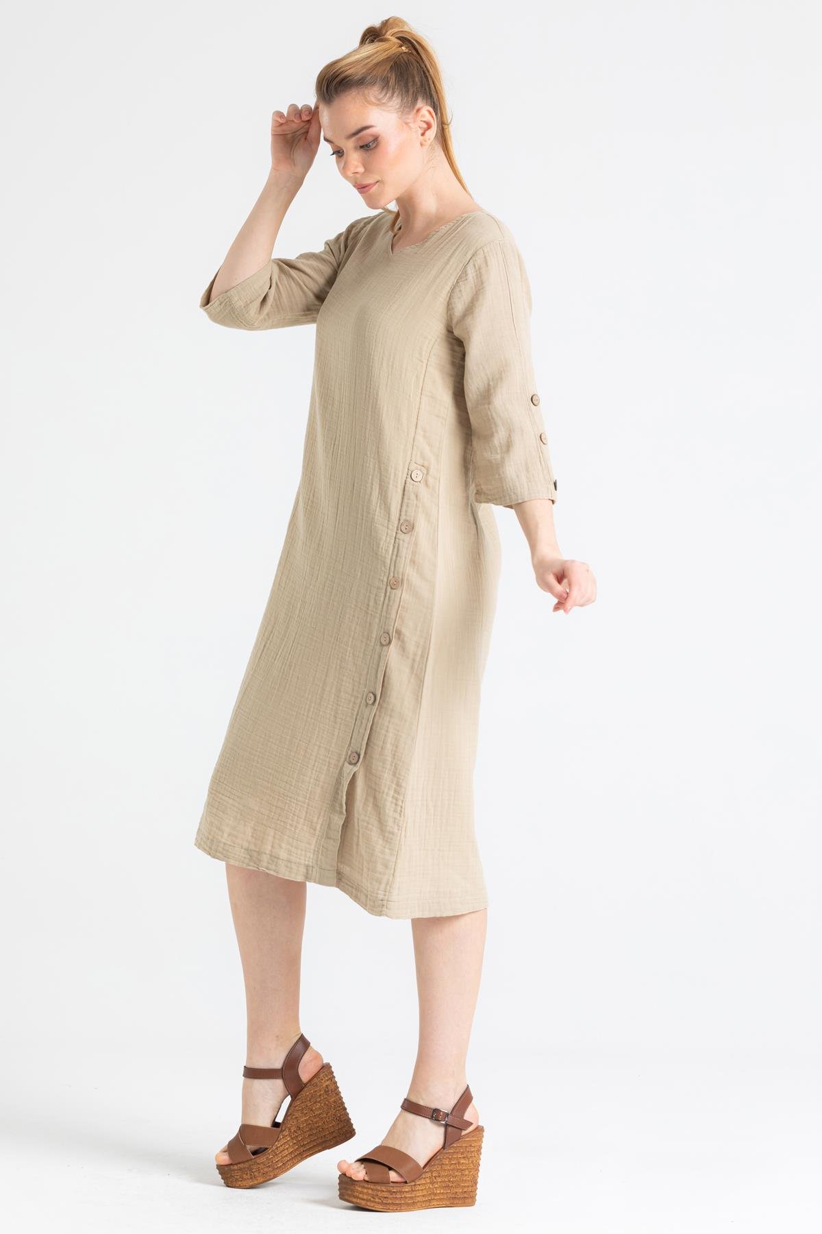 Toptan Truvakar Kol Müslin İzel Midi Boy Elbise Vizon Vzn